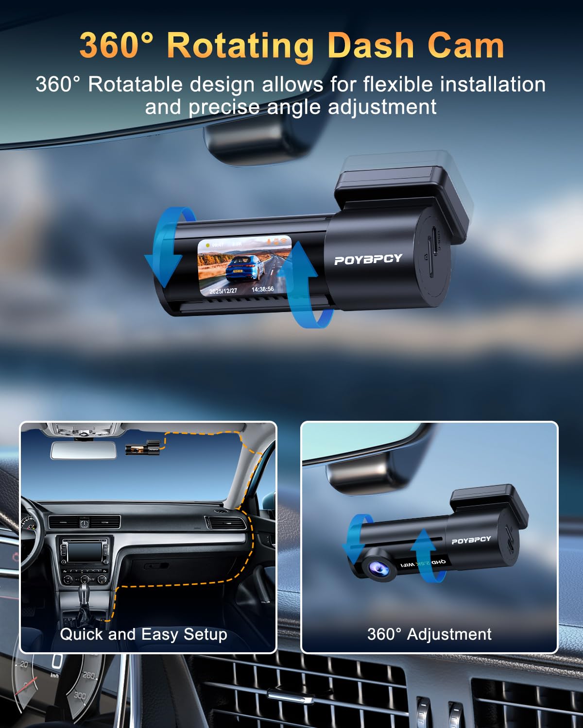 Dash Cam Auto 2.5K WiFi 5G con APP, Mini Dashcam Auto 170° Grandangolo, Telecamera per Auto 360 Gradi Rotabile, Visione Notturna WDR F1.8, G-Sensor, Loop Recording, Parking Monitor e Time-Lapse