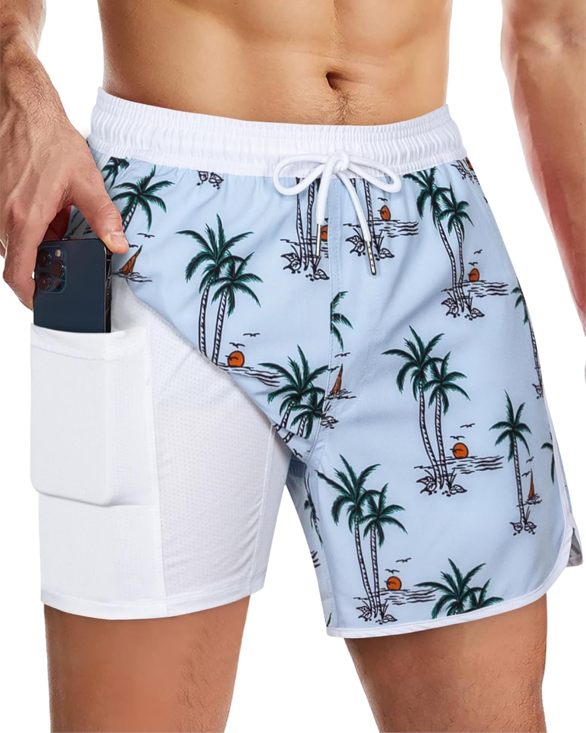 SURF CUZ Mens Swim Trunks with Compression Liner 5" Swimming Trunks 5 Inch Retro Swim Shorts with Zipper Pockets - Image 3
