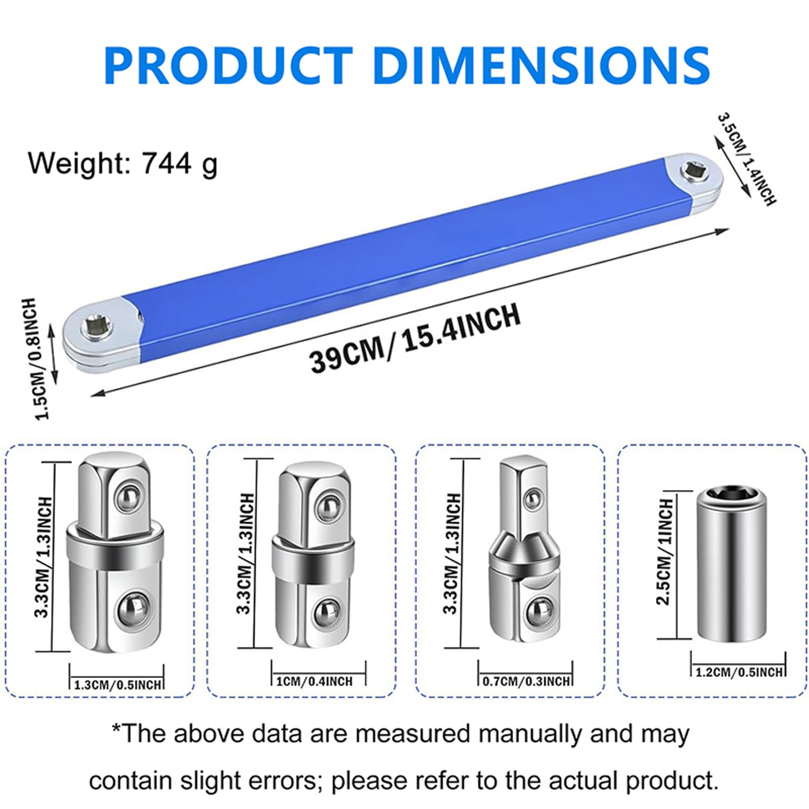 Offset Extension Wrench Set, Schraubwerk Offset Schlüssel, Verlängerungsschlüssel, Ratschenverlängerung mit Kettenantrieb, Inkl. 1/4", 3/8" & 1/2" Adapter Blue,39cm