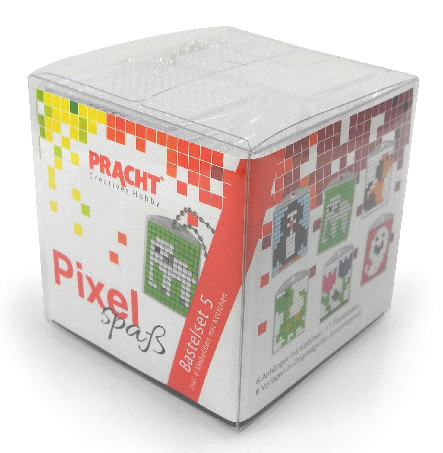 Pracht Creatives Hobby Pixel P90012-63501 Fun Craft Set 5 for Children 6 Keyrings (Lockets) Easy Plug-In System without Ironing or Gluing, Organic Plastic Stones