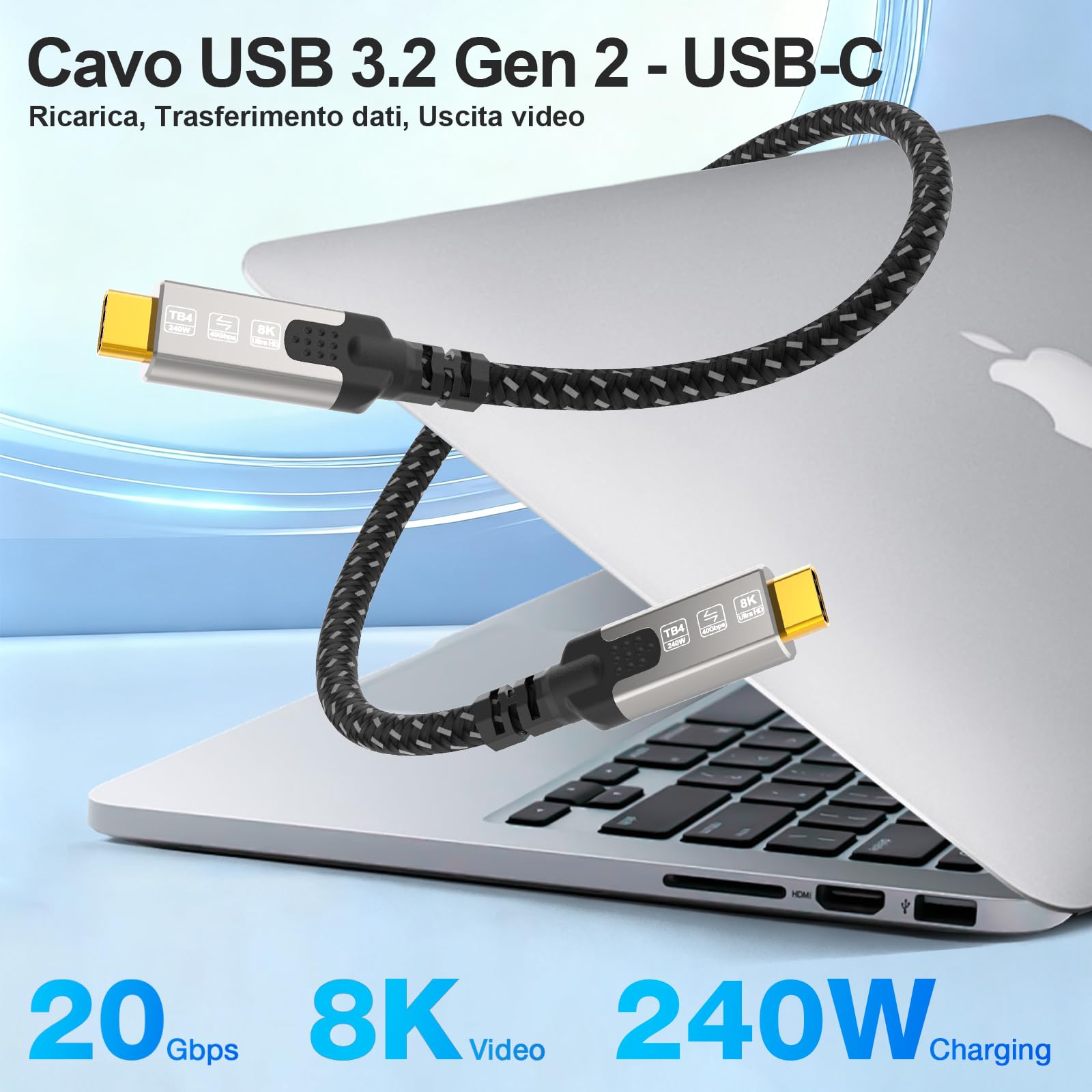 CABLAPTOP cavo usb c 2 metri,Cavo USB C 3.2 Gen2x2,20Gbps Cavo Dati USB Type C,Cavo USB C a USB C,PD3.1 240W 48V/5A, Cavo Video 8K@30Hz/4K@144Hz per MacBook Pro, iPad Pro, Dock, PSSD, Monitor