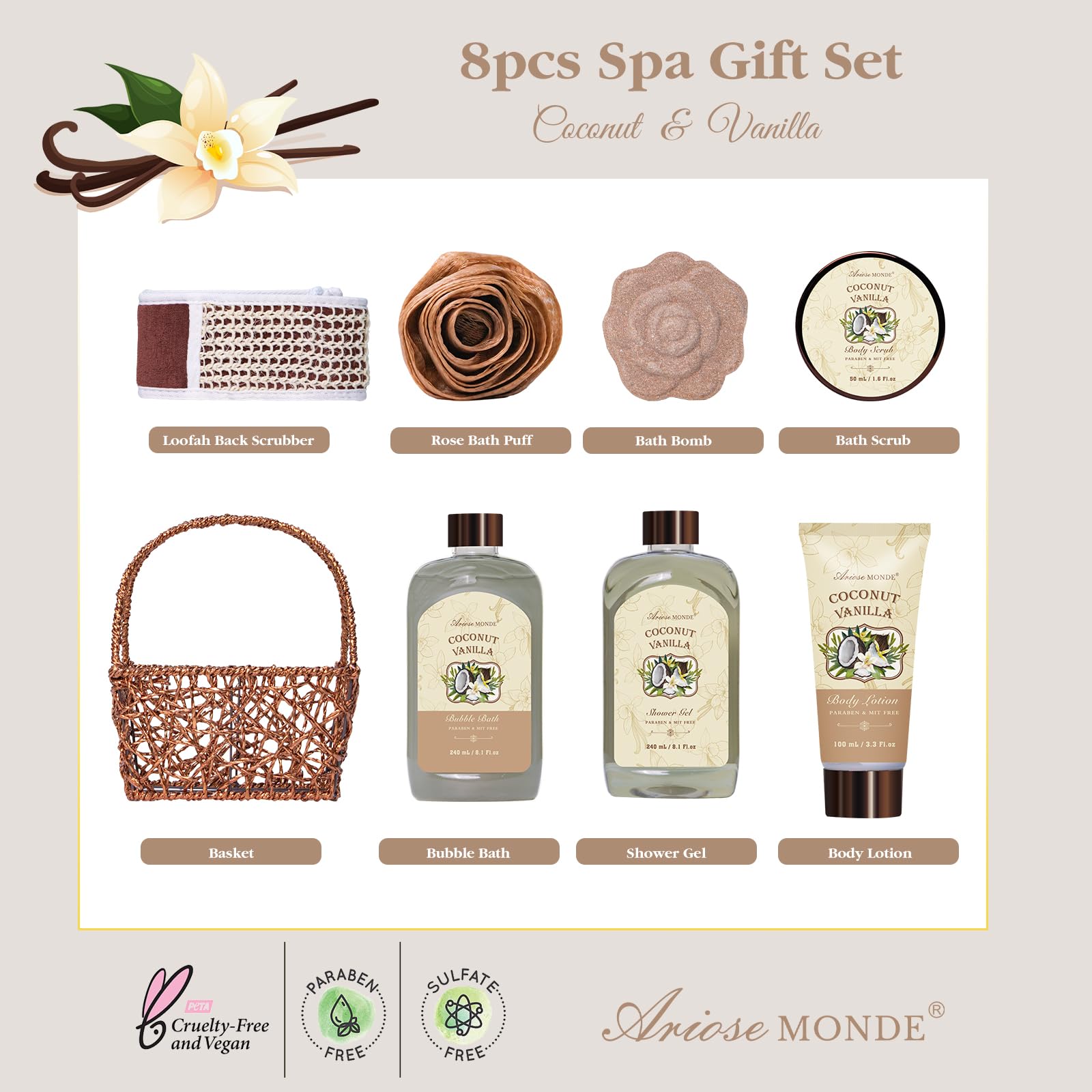 Cestas de regalo de spa para mujer, juego de regalo de baño de vainilla y coco para mujeres, kit de spa relajante de lujo con bombas de baño, loción corporal y exfoliante corporal, regalos