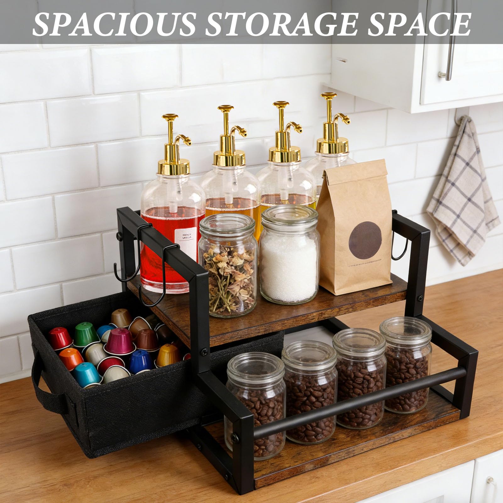 Organizador de Café con Cajón de Almacenamiento, Estantería de 2 Niveles de Madera para Cafetera y Accesorios - Barra de Café para Cocina, Hogar u Oficina (Marrón)