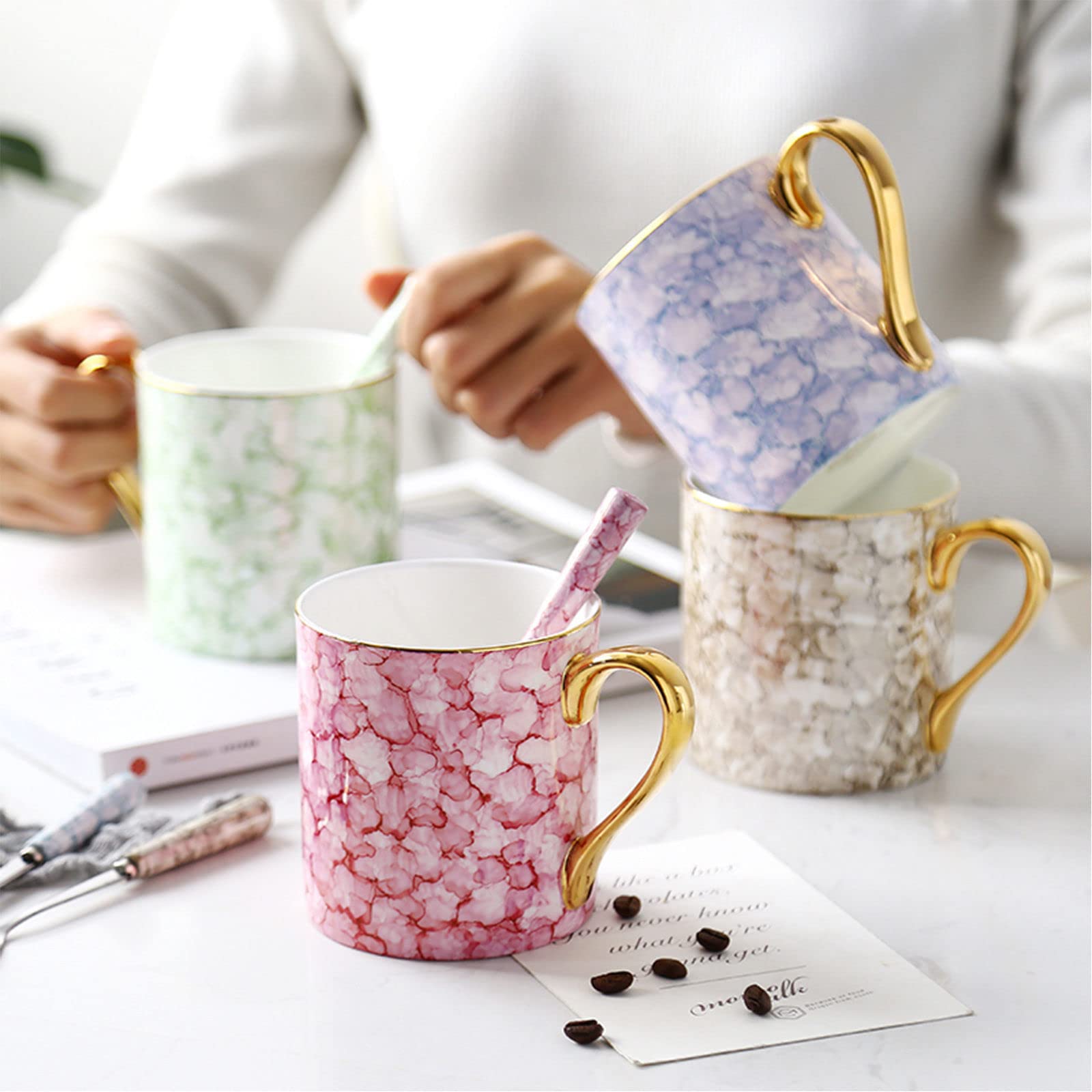 Persönliche Kaffeebecher, Keramiktasse, Kaffeetasse, 380 ml, Marmormuster, große Kaffeetasse, Keramiktasse mit Henkel, Mikrowellentasse, for Hafer, Milch, Kaffee, Tee, Rosa (Color : Pink)