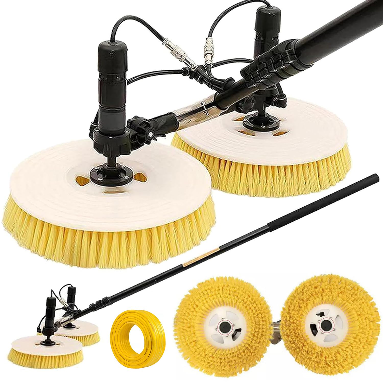 Kit de brosse de nettoyage pour panneau solaire extérieur avec tige télescopique de 7,5 m, tuyau d'eau de 29 m, cordon d'alimentation de 17 m, tête de brosse double rotative de 65 cm