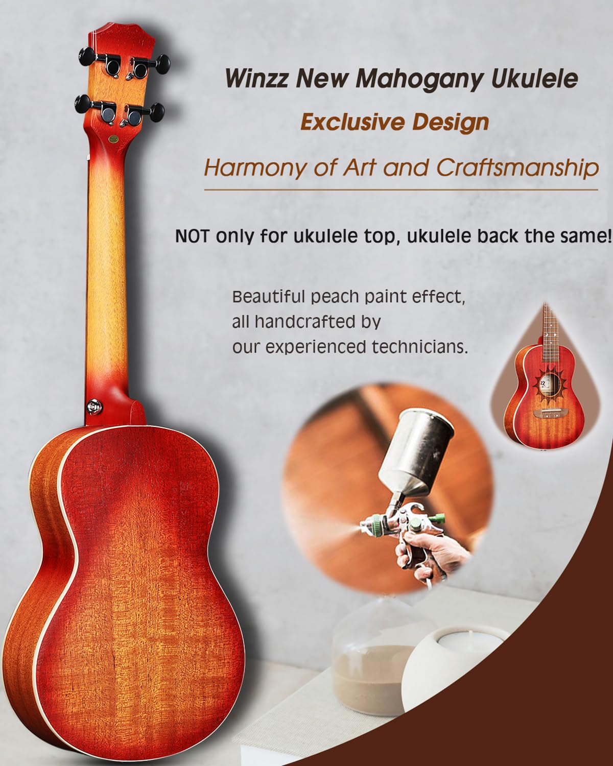 Winzz Ukulélé de Concert 23 Pouces en Acajou pour Adultes et Débutants - Kit de Démarrage, Cadeau Unique pour Enfant, Design Unique (Cordes Carbone, Matte Sunburst)