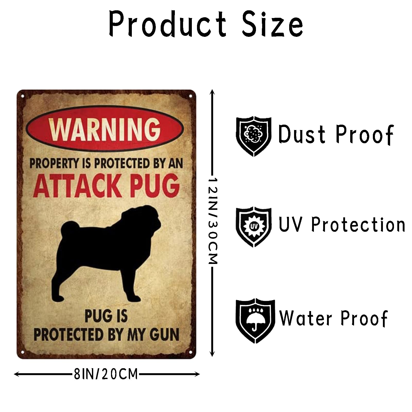 CAEJCCL Targa In Metallo 20x30 Cm "Warning Property Is Protected By An Attack Pug" - Cartello Divertente Retrò In Alluminio Per Decorazione Casa, Giardino, Garage