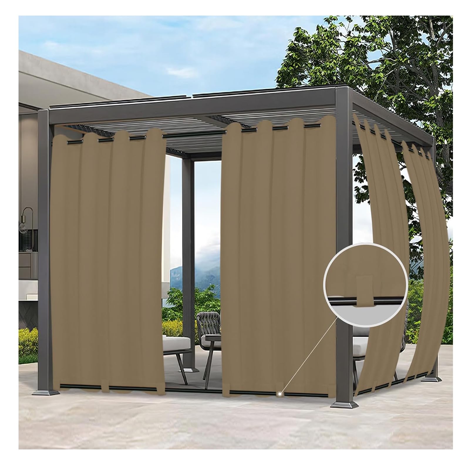 Mewkew Waterproof Outdoor Curtains Gazebo Patio Sunscreen Blackout Panels Curtains Windproof Thermal Insulated Grommet Curtains for Porch Pergola Cabana,Brown A,2 PCS,302 x 253 cm（W x H）