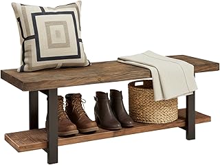 Pomona 48-Inch Entryway Storage Bench with Shelf – Solid Wood and Metal Accent Bench for Shoes, Hallway, Living Room, or Dining Room by Alaterre Furniture (Rustic Natural Finish)