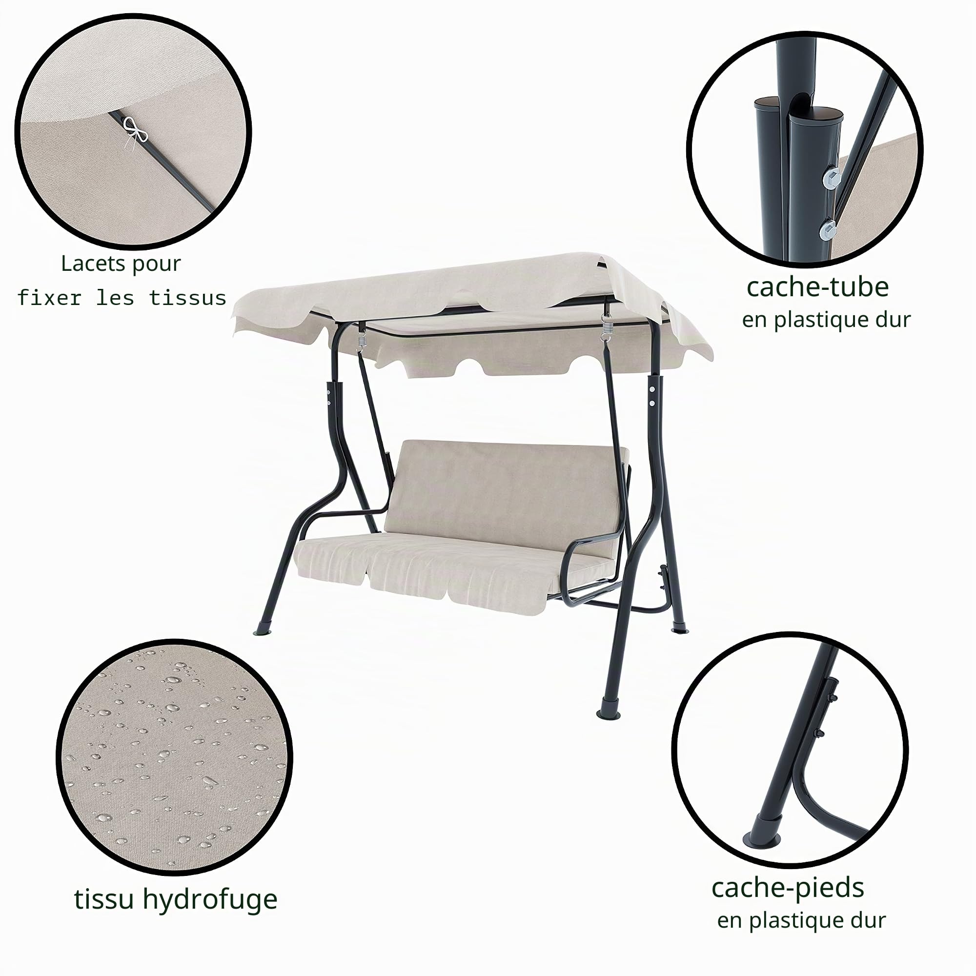 Balancelle 3 Places avec Toit Ajustable, Coussins Rembourrés, Structure Robuste en Acier Verni pour Extérieur, Jardin, Balcon, Terrasse, Piscine 170 x 110 x 153 cm (Beige)