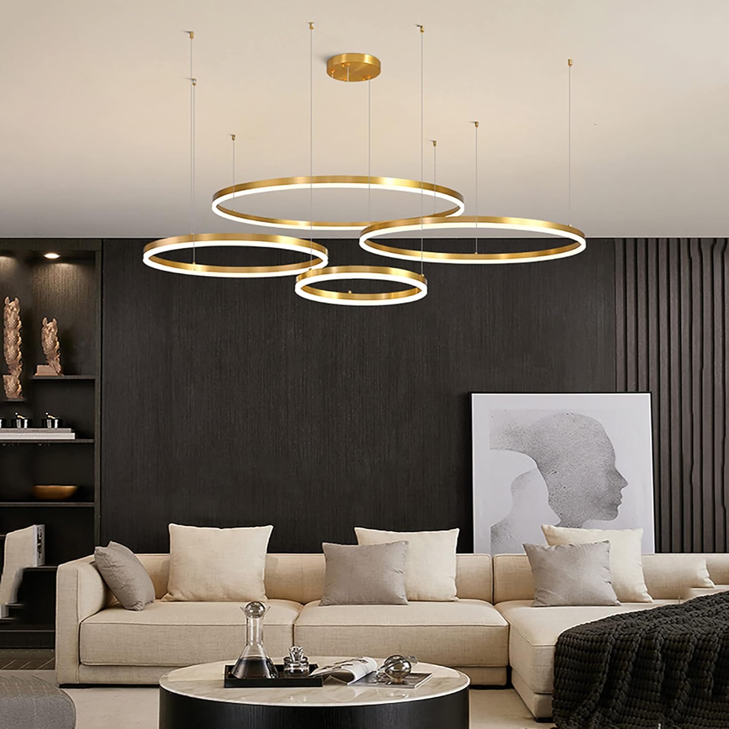 LightInTheBox Gold Ring Chandelier, LED Circle Geometric Pendant Light Dimmable Gold Ceiling Light for Living Room Dining Room Bedroom (20+40+60cm)