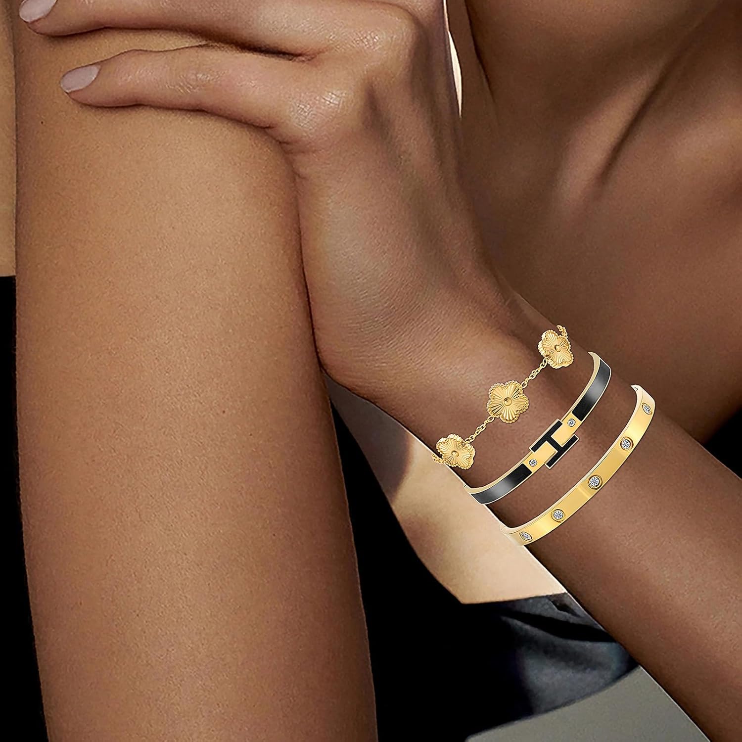 Gold Clover Bracelets for Women - 18K Gold Plated Stainless Steel Dainty H Bangle Bracelets| Daily & Party Wear Jewelry, Easter Christmas Mothers Day Gifts - Image 4