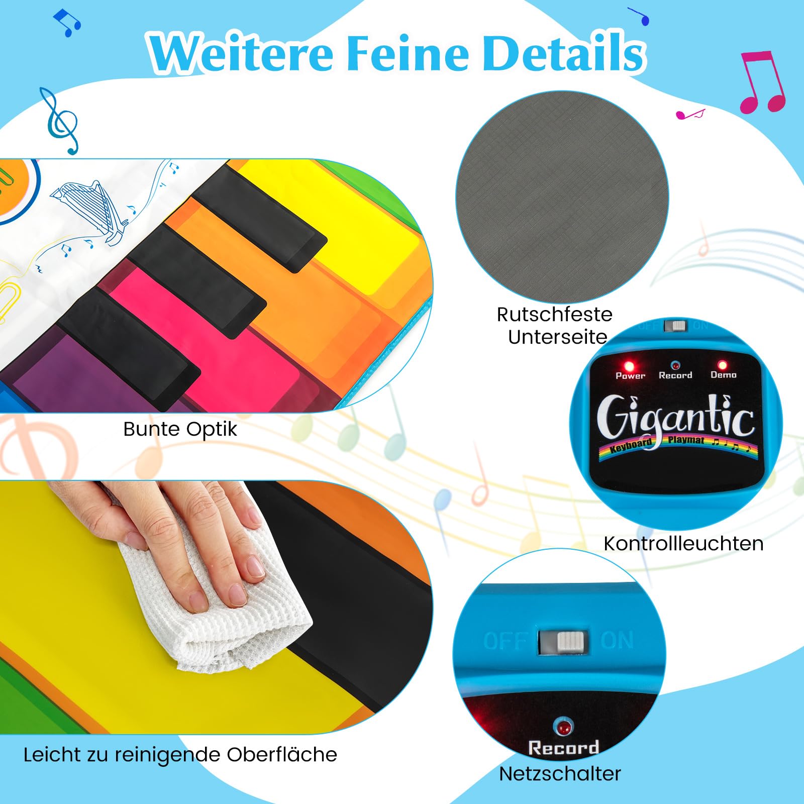 COSTWAY Musikmatte Kinder, Klaviermatte mit 8 Musikinstrumente, Keyboard Tanzmatte mit Aufnahme & Wiedergabefunktion, Spielzeug Geschenk für Kleinkinder Jungen Mädchen ab 1 Jahr (181 x 73 cm)