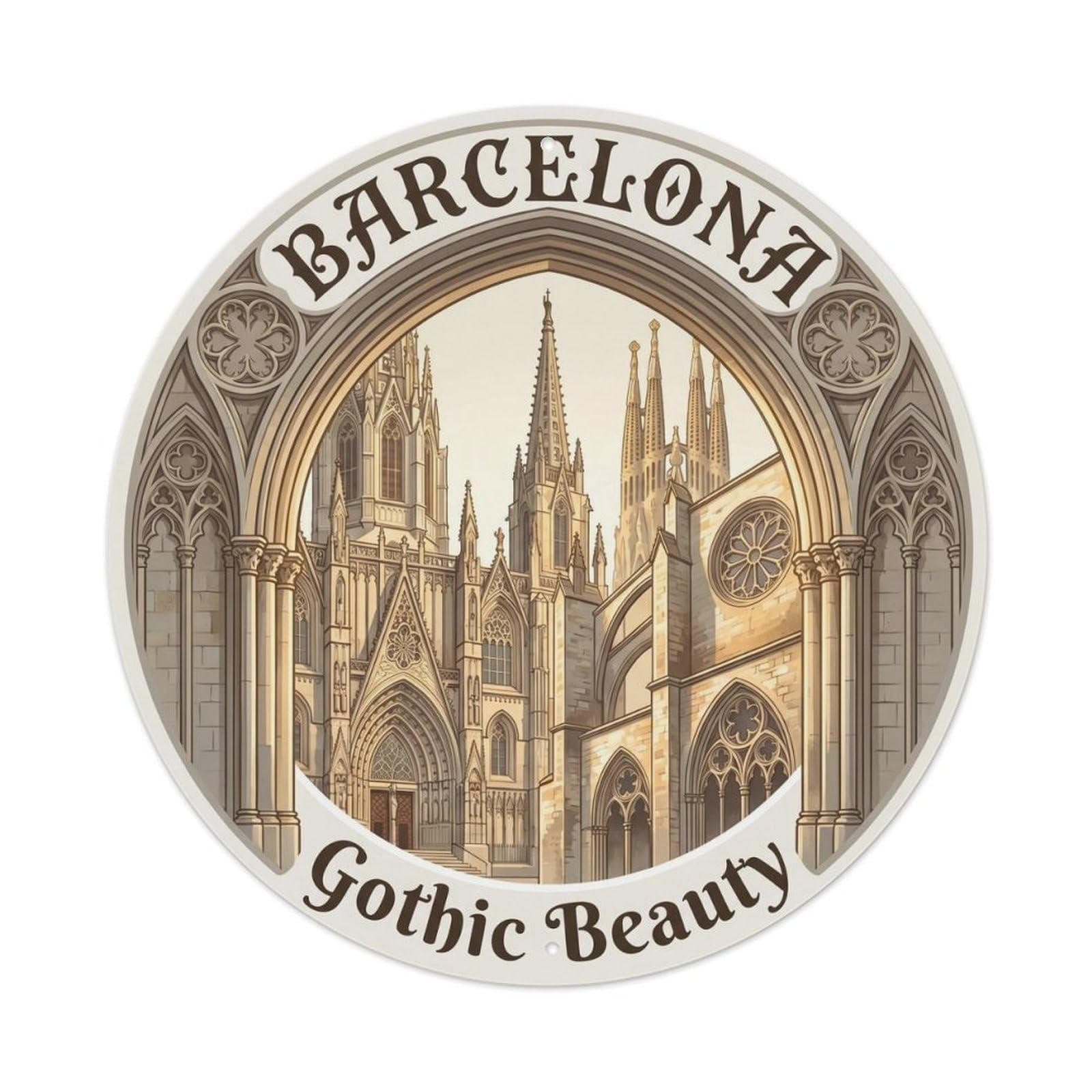 Vintage Barcelona Arches Catalan Architecture Spanish Culture Metal Tin Sign Plaque Wall Decor for Cafe, Man Cave, Club Bar, Office, Home Garden Round Metal Poster 8x8Inch