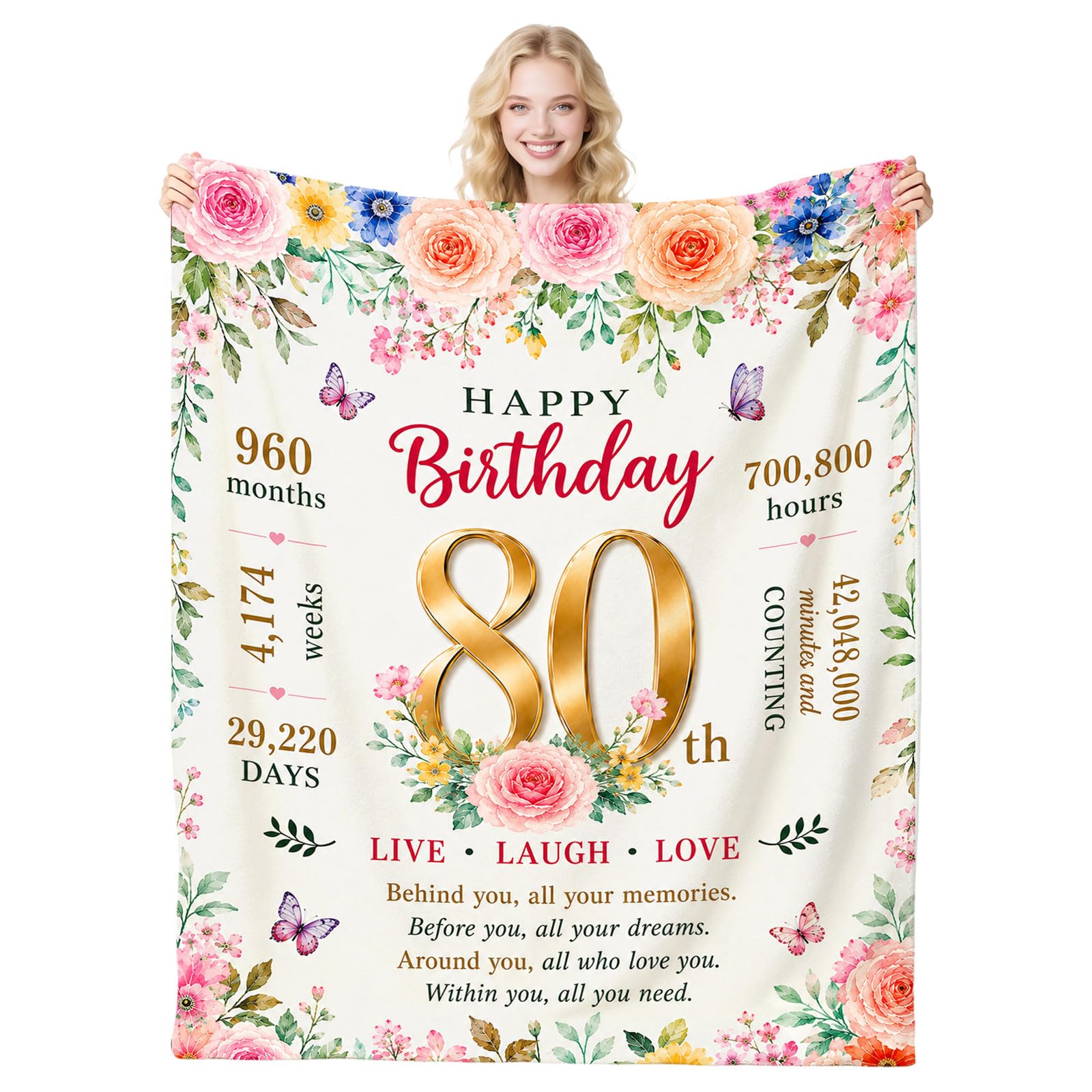 80th Birthday Gift Blanket, 50"X60" Soft Flannel Blanket, 80th Birthday Gift for Women, 80 Year Old Flannel Throw Presents, Female 80th Birthday Gifts for Mum Wife Sister Best Friend