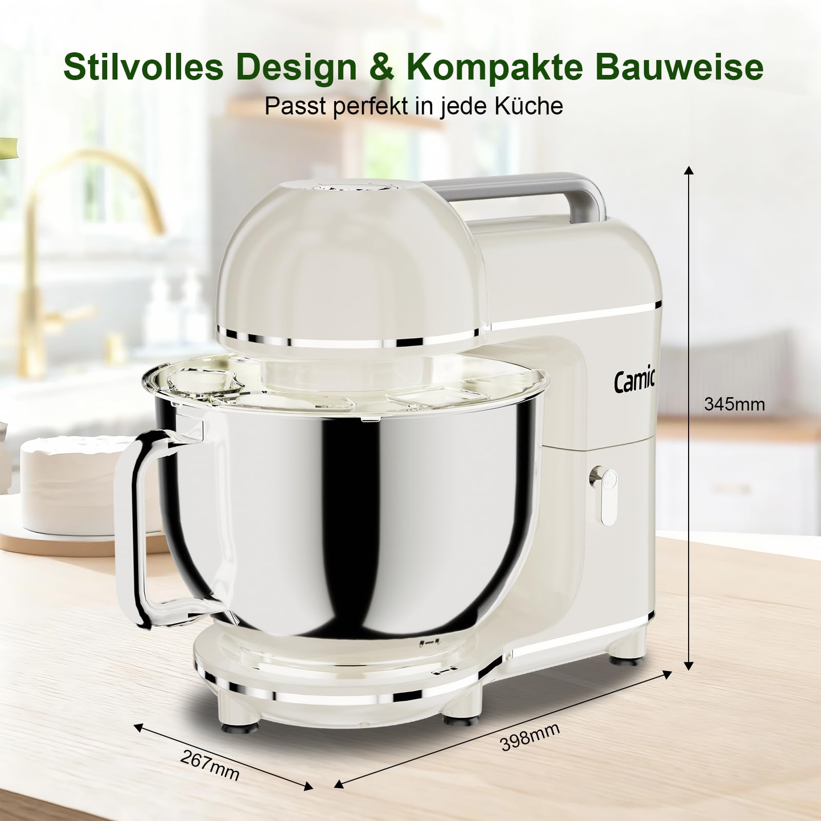 Camic Küchenmaschine - 2000W - 10 Geschwindigkeitsstufen mit Tragegriff, Edelstahl Rührschüssel (7L), Knetmaschine mit Rührhaken, Knethaken, Schlagbesen und Spritzschutz