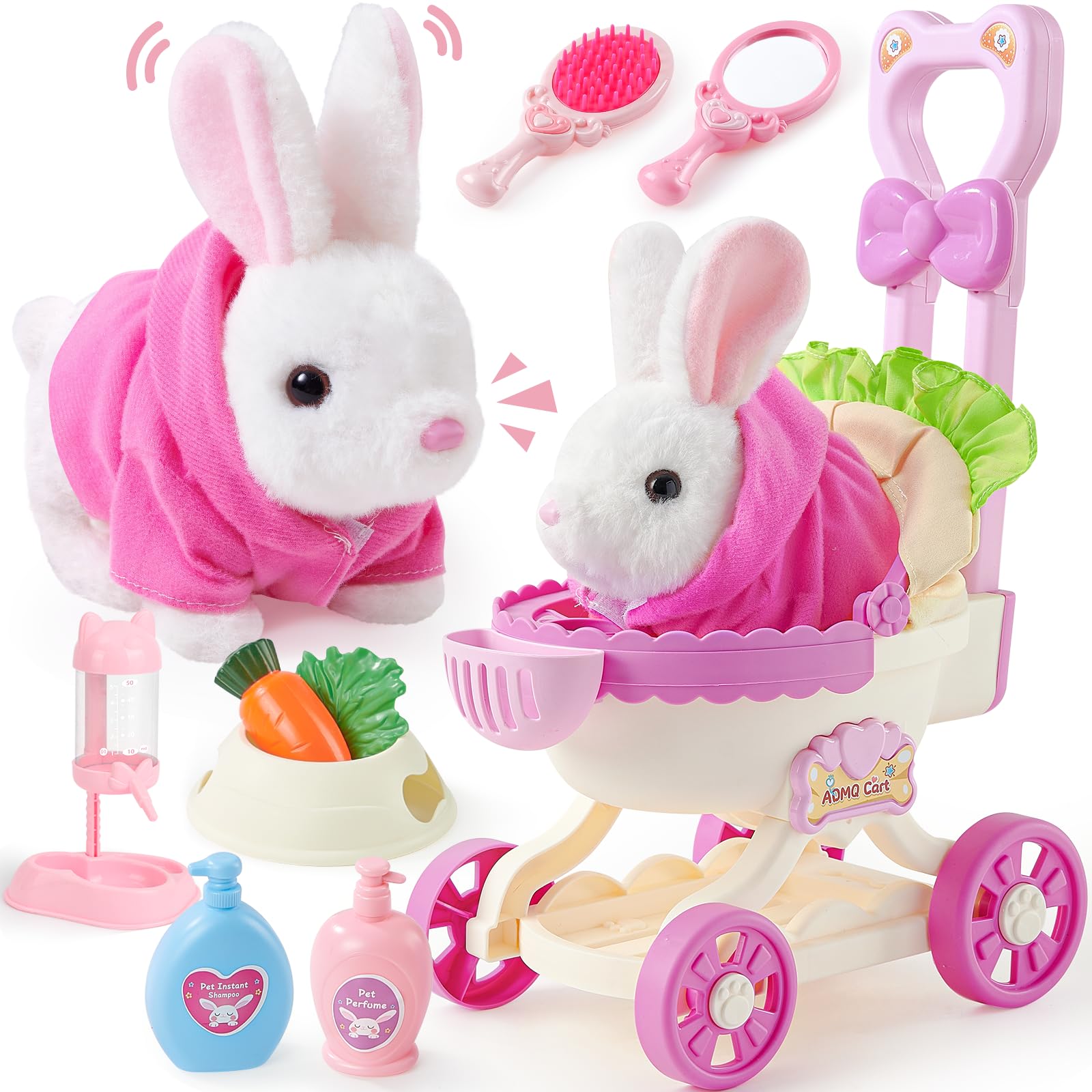 G.C Kids Bunny Toys Rabbit Plush with Stroller, Hopping Walking Electronic Interactive Stuffed Animal Accessories Pretend Play Pet Care Playset Gifts for Girls Toddlers 3 4 5 6+ Year Old