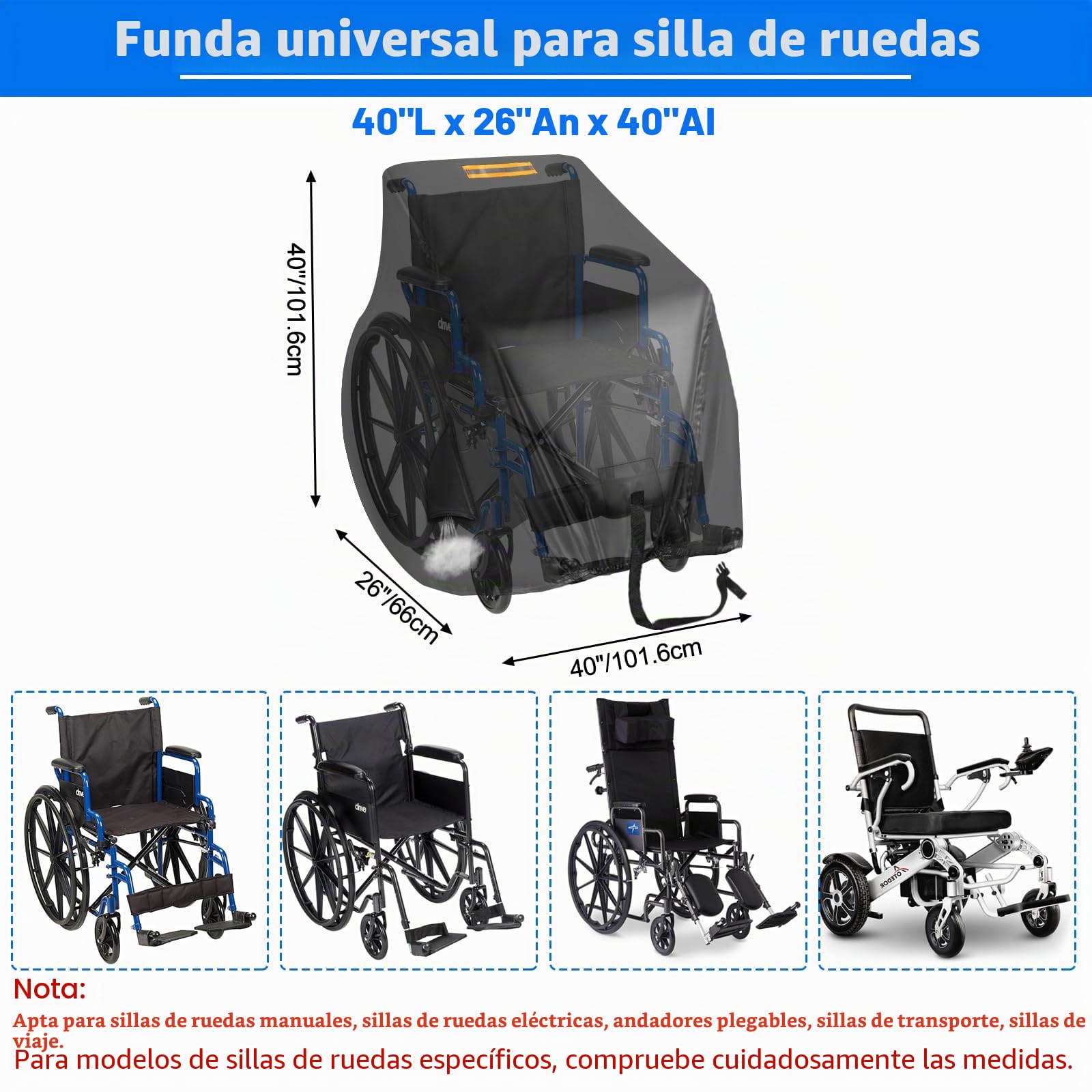 Funda resistente para silla de ruedas 420D con ventilación de aire, tira impermeable, mango reflectante, funda para sillas de ruedas manuales y eléctricas, scooters de movilidad
