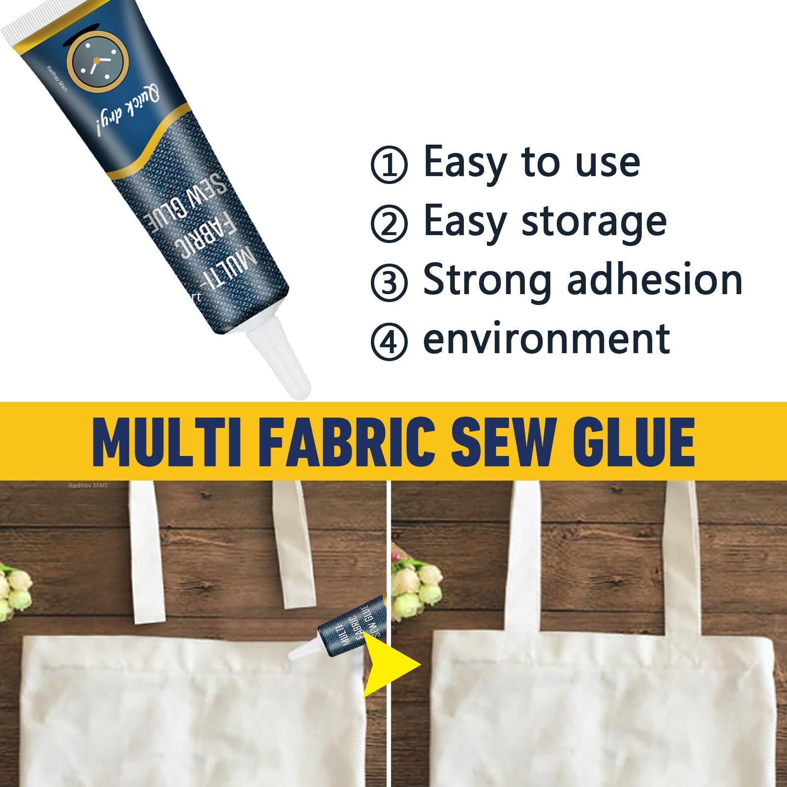 Radhav Mart Fabric Glue Strong Adhesive, Clear Drying & Waterproof, No Sew Glue for Clothes Repair, Washable Permanent Bond, All Fabrics 50ML (Pack of 1) 4