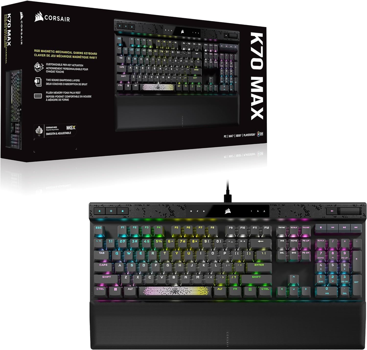 CORSAIR K70 MAX RGB Magnetic Tastiera da Gioco Meccanica cablata - MGX Switches Regolabili - PBT Double Shot Keycaps - Rapid Trigger Mode - Compatibile con iCUE - PC, PS5, PS4, Xbox - AZERTY FR -