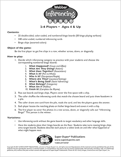 Miniatura 8 de Super Duper Publications | Juego de bingo de inferencia | Habilidades sociales, categorías, rimas, acciones, causa y efecto, ocupaciones | Recurso