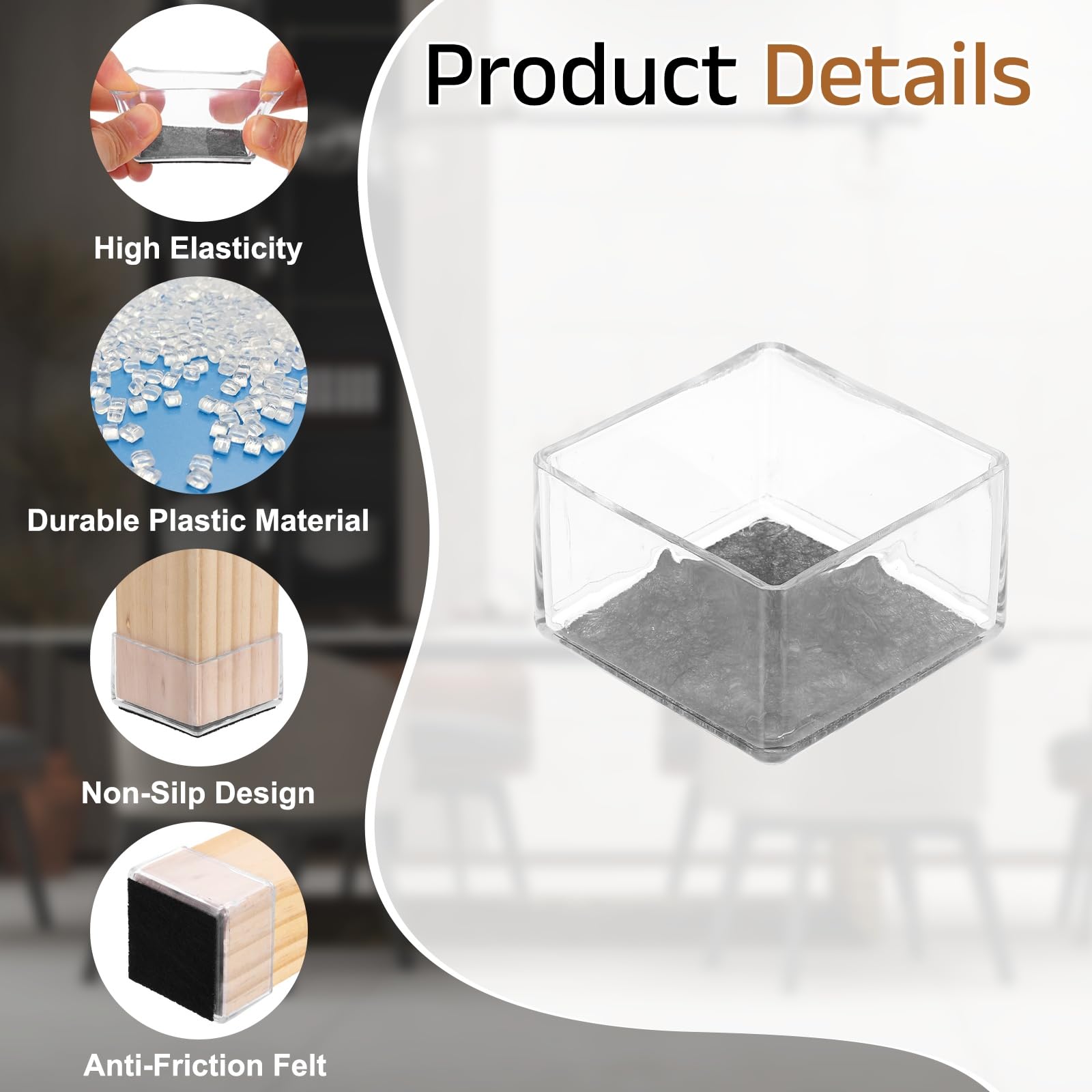 PATIKIL 28 protectores cuadrados para patas de silla, PVC de 1.97 pulgadas y fieltro, tapas para patas de sillas de muebles para suelos de madera dura, elásticas, reducen los arañazos, cubiertas de