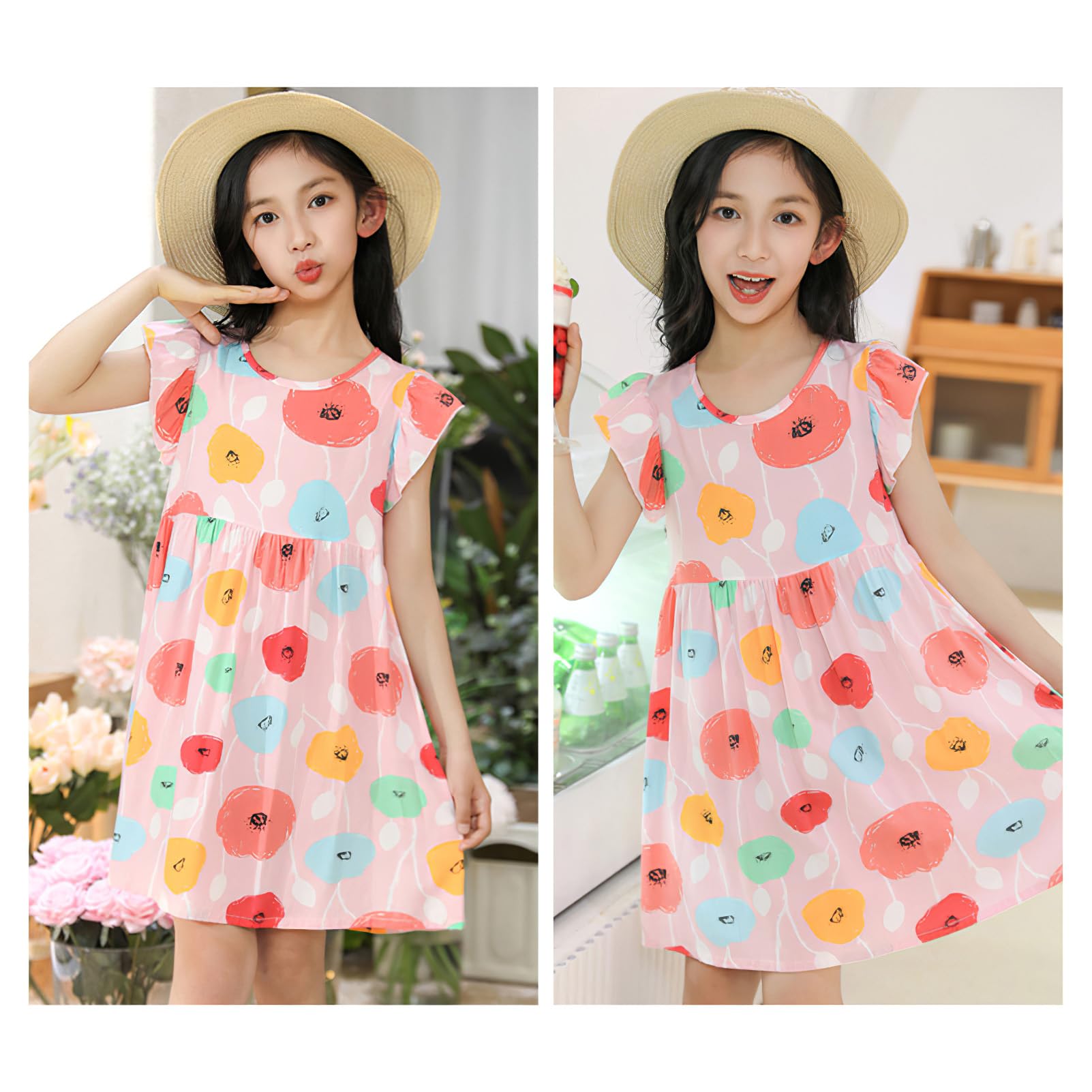 amropi Lot de 3 Robe Fille Fleurs Imprimée Coton Manches Volantes Casual Été Robe pour 1-12 Ans