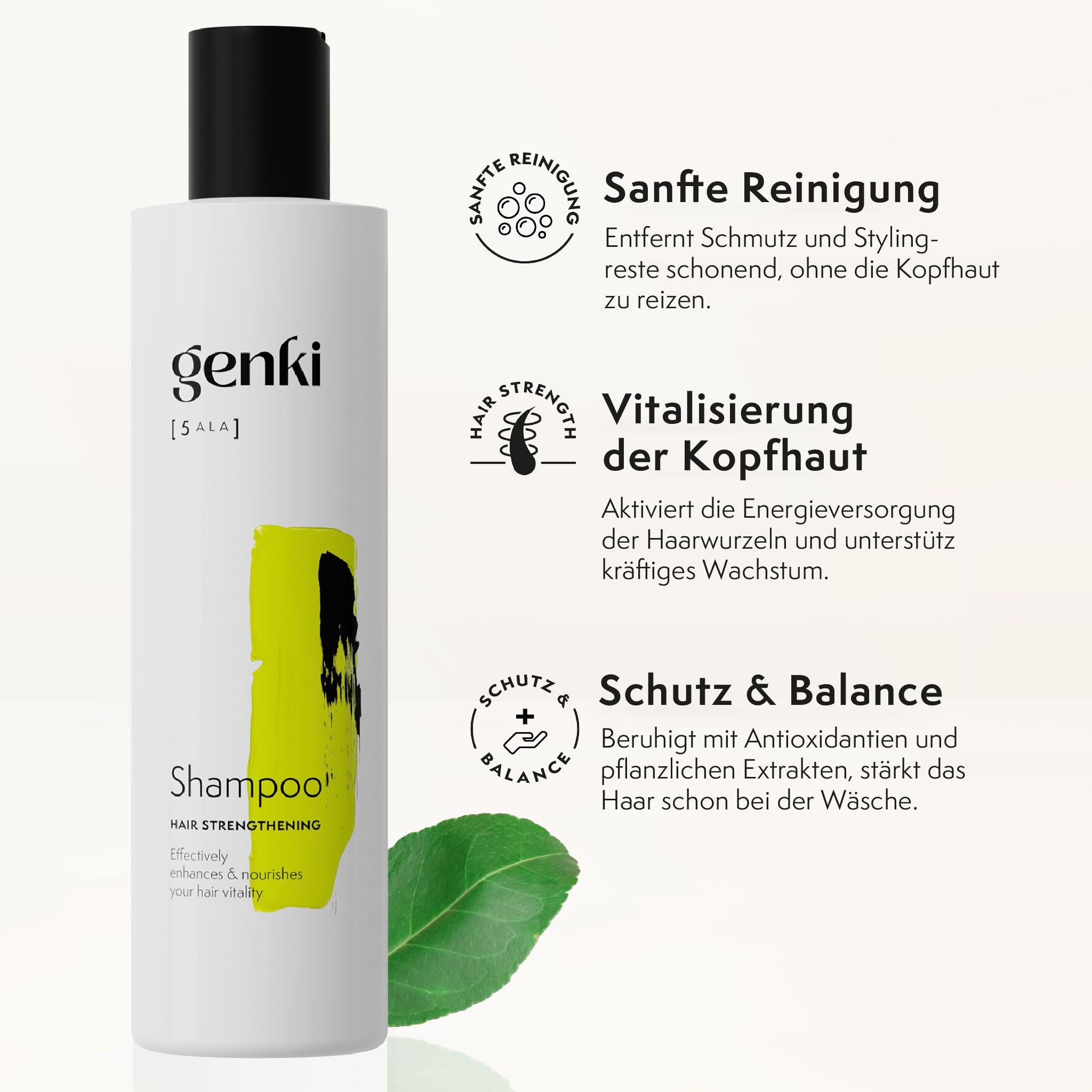 kräftigendes Hair Strengthening Shampoo 250 ml mit 5-ALA stärkt das Haar nachweislich mit Grünem Tee und Panthenol für geschmeidiges und widerstandsfähiges Haar