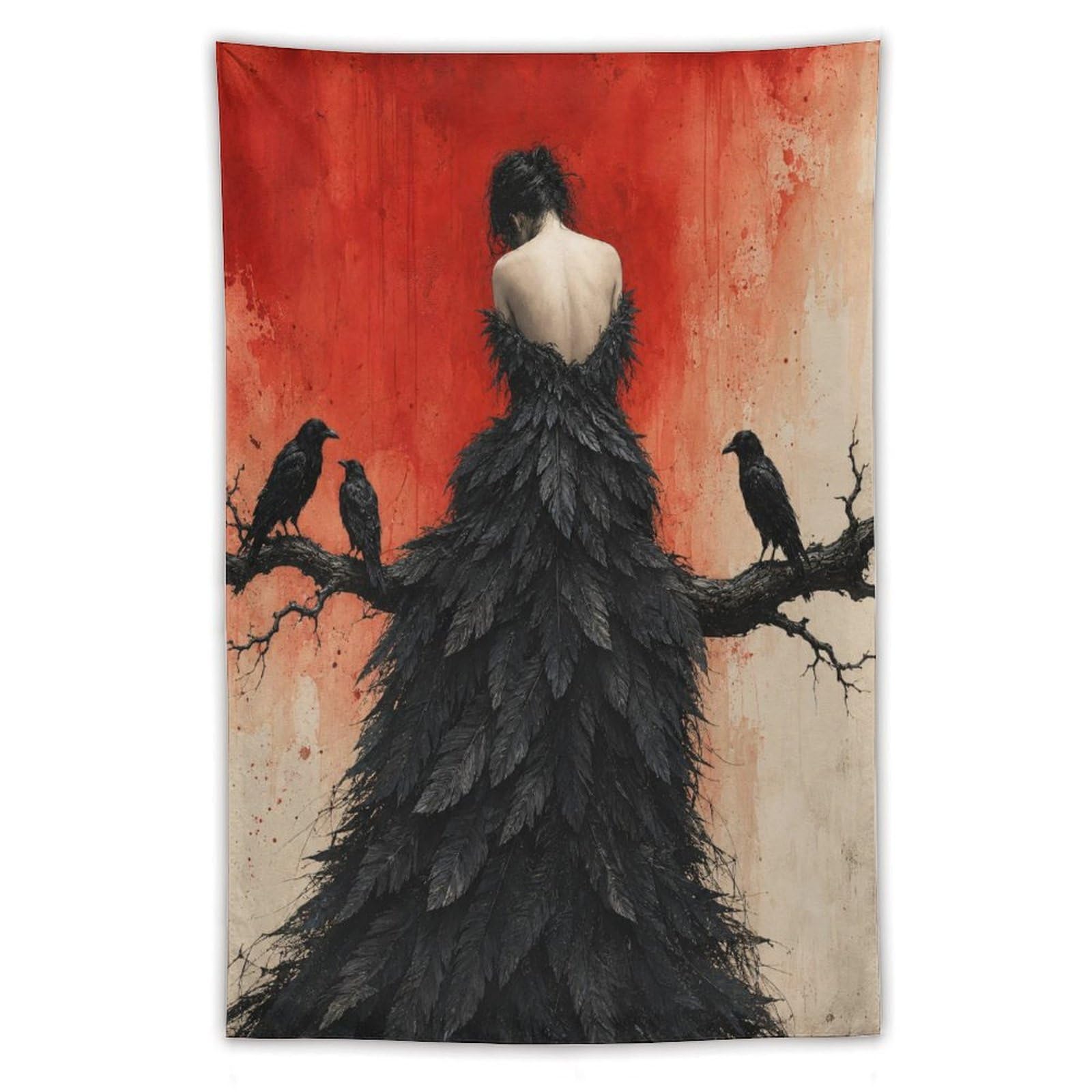 W7C8U2X3 Raven Woman Back View Wall Tapestry, Geometric Art Style, Entryway
