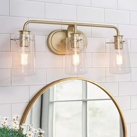 Ksana Gold Vanity Lights, 3-Light Modern Bathroom Light Fixture With Seeded Glass Shade - - Amazon.com