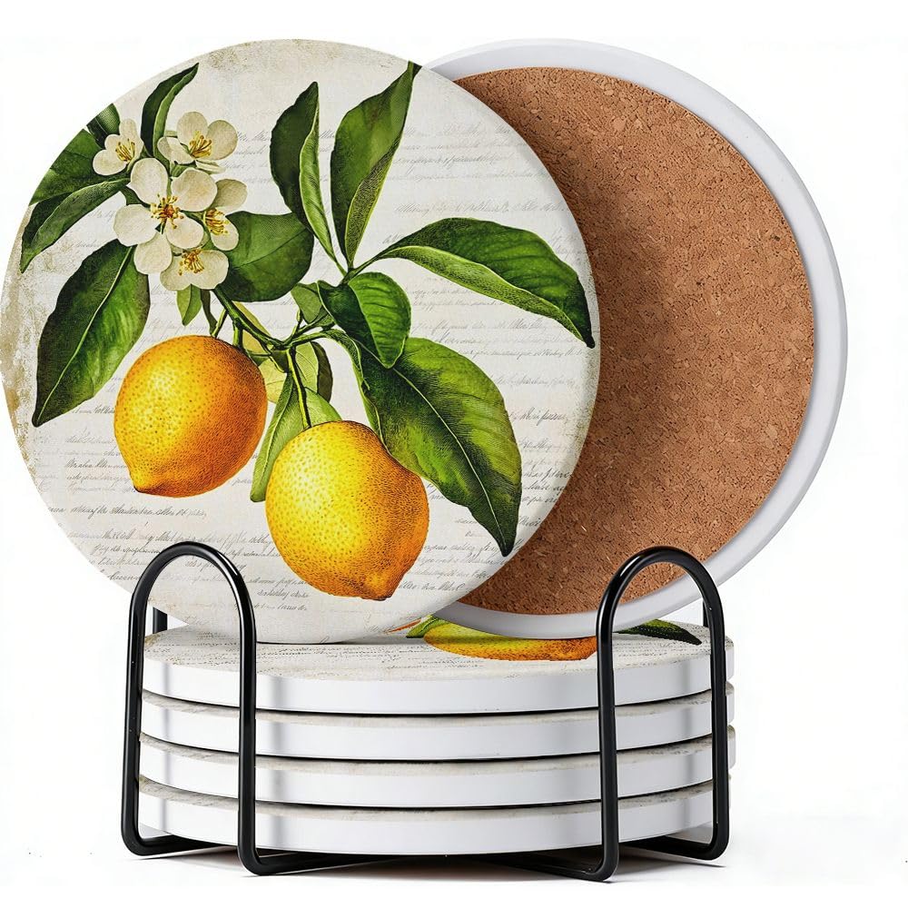 Floral Ceramic Coasters Set of 6 with Holder and Cork Base