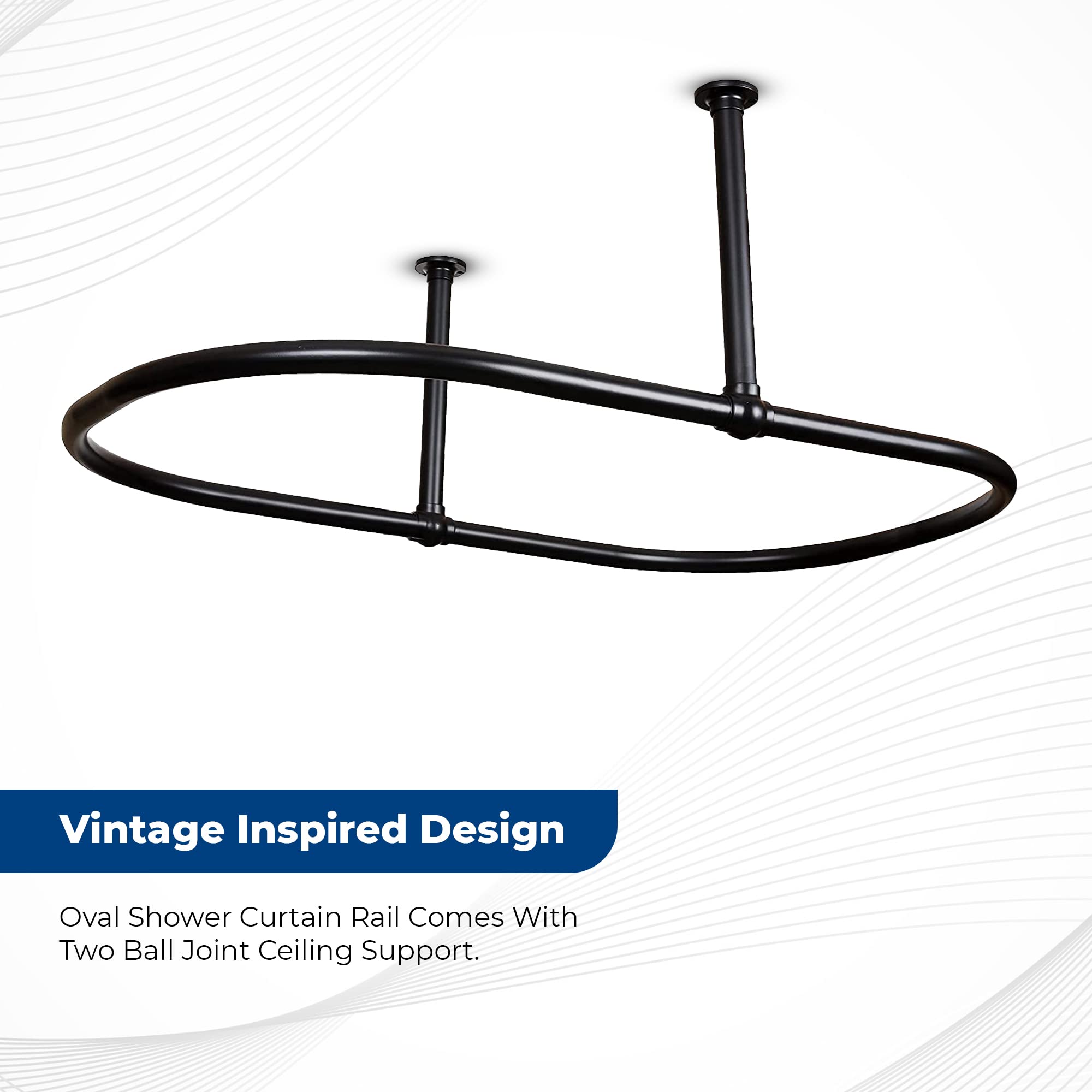 Zamuna Oval Shower Curtain Rail Rod For Bathroom, Traditional, Large and Heavy Duty Ceiling Mounted with Adjustable Support Side Stays -45X 25 Inch (Free Curtain Rings) (Black)