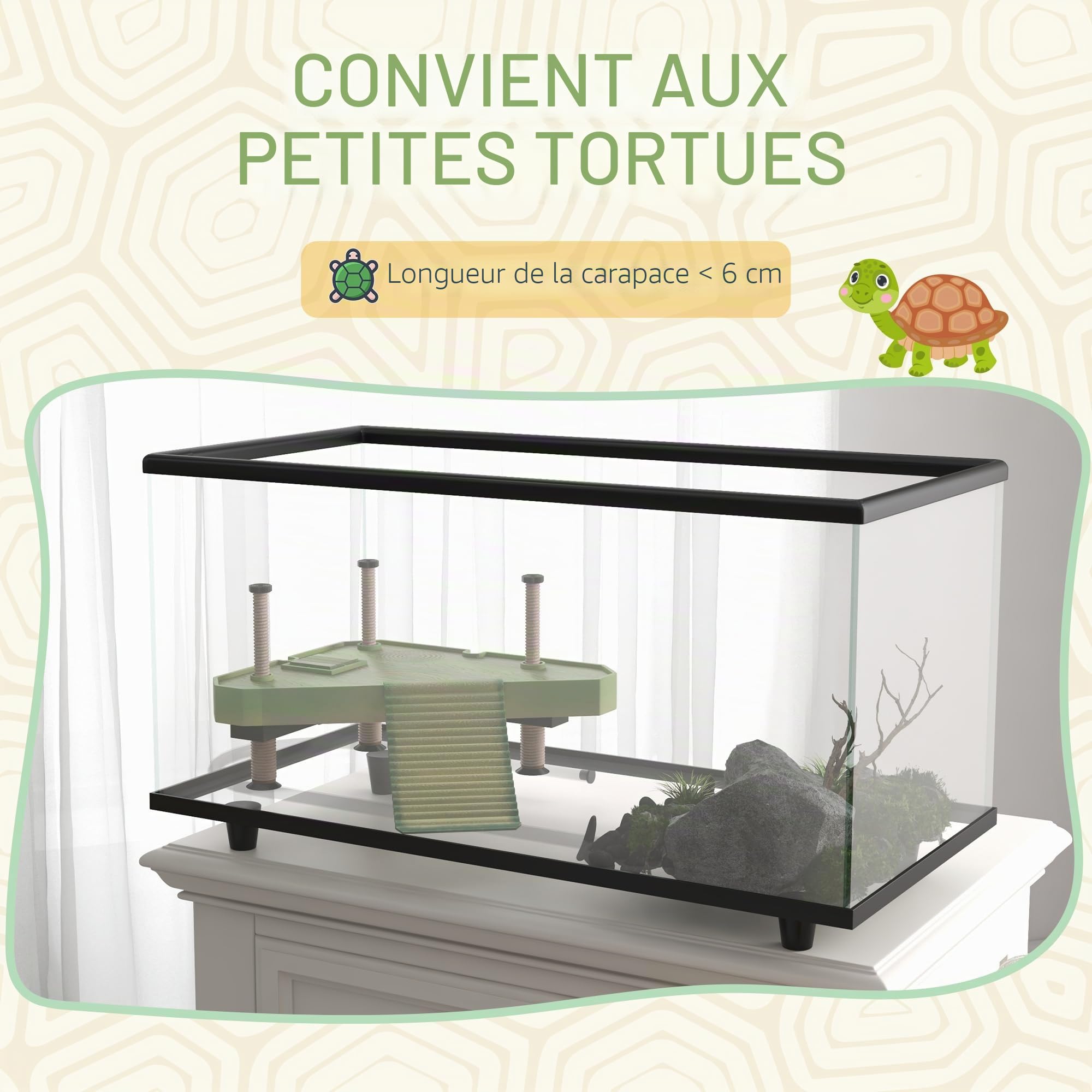 PawHut Terrarium pour tortues, Aquarium en verre de 50L avec plateforme de bain, rampe, simple évacuation, thermomètre à bandes, pour petites tortues, 60 x 30 x 32 cm