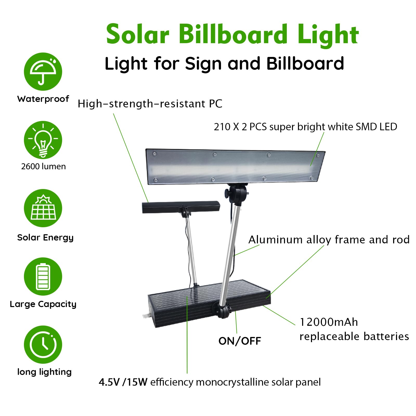 Etzeaxus Solar Sign Lights Outdoor, 420 led 2600 Lumen Solar Sign Light, 12000 mAh Billboard Lighting for Bussiness, Real Estate, Shop, Bus Stop, HOA, Highway Signs, Commercial, Black