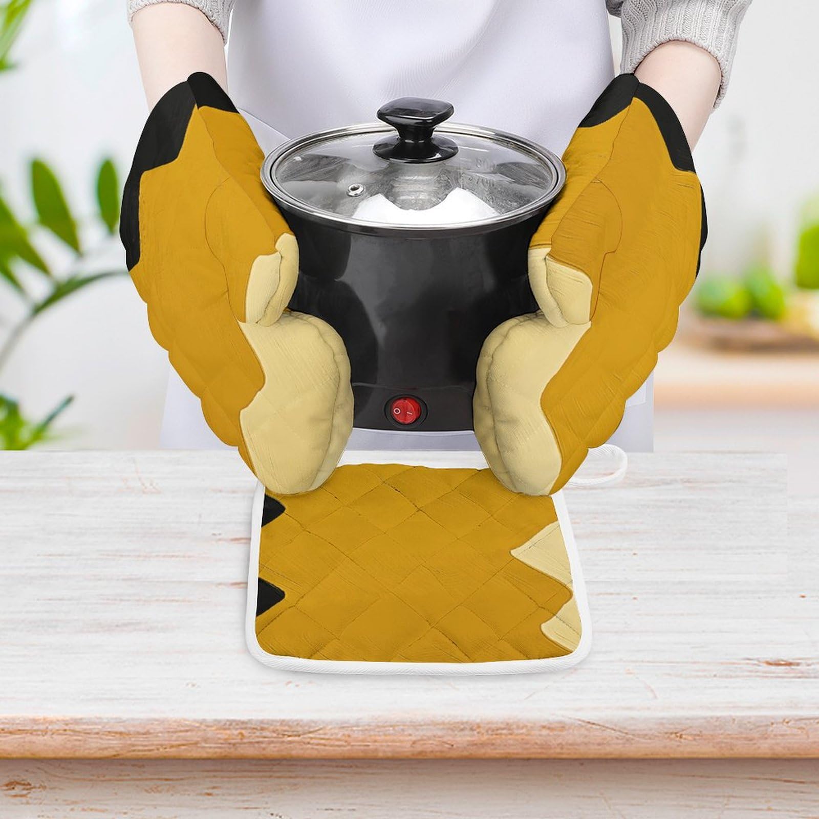 Lot De 2 Maniques Et Gants De Cuisine - Jaune Moutarde/Noir, Résistants à La Chaleur, Imperméables - Pour Four, BBQ, Pâtisserie - 4