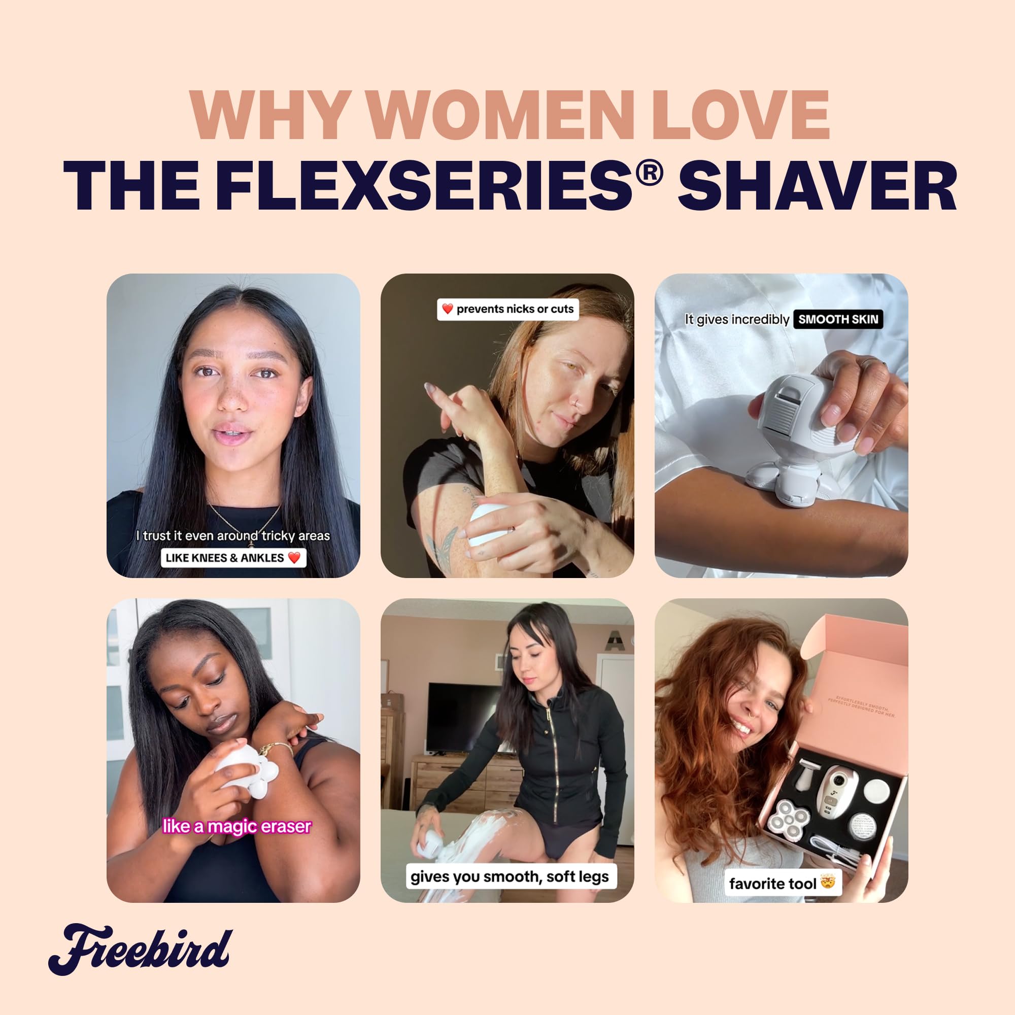 Freebird FlexSeries Elektrischer Rasierer für Frauen – Bikini-Trimmer, Körperhaare & Schamrasierer – für privaten Bereich, empfindliche Haut, seidenglatte Beine