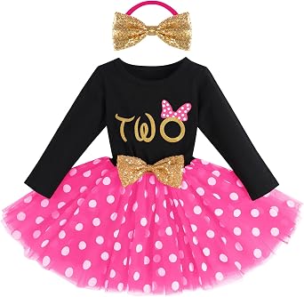 Baby Girls My 1st 2nd 3rd Birthday Polka Dots Dress w/Headband Long Sleeve Sequin Princess Tutu Cake Smash One Party Gown