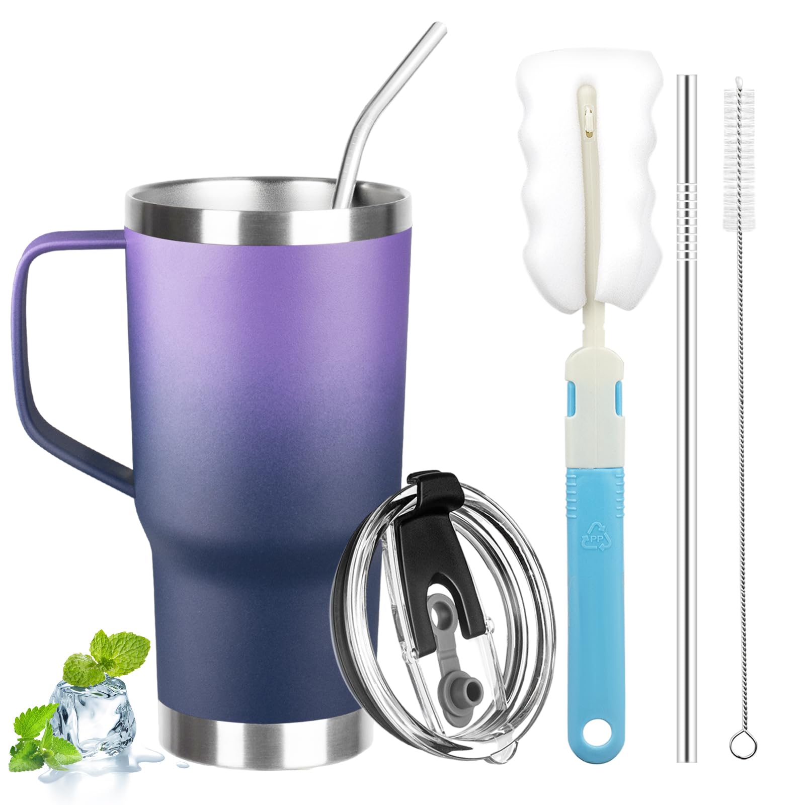 20 oz Tumbler with Handle, Stainless Steel Insulated Tumbler with Lid and Straw, Double Wall Vacuum Coffee Mug Tumbler, Insulated Coffee Thermal Cup for Cold and Hot (Purple Navy blue, 20, ounces)