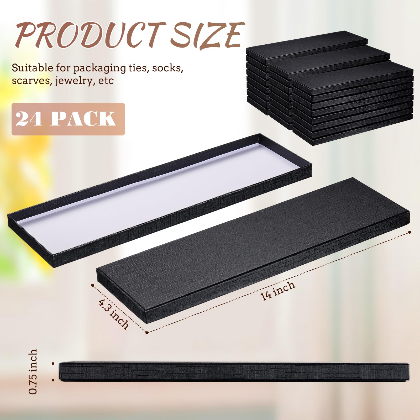 Shinylin 24 Pcs Gift Wrap Tie Boxes Men Tie Gift Box Men Women Sock Scarves Gift Boxes with Lids 14 x 4.3 x 0.75'' Bulk Cardboard Paper Gift Box for Valentine's day Birthday Wedding Engagement(Black)