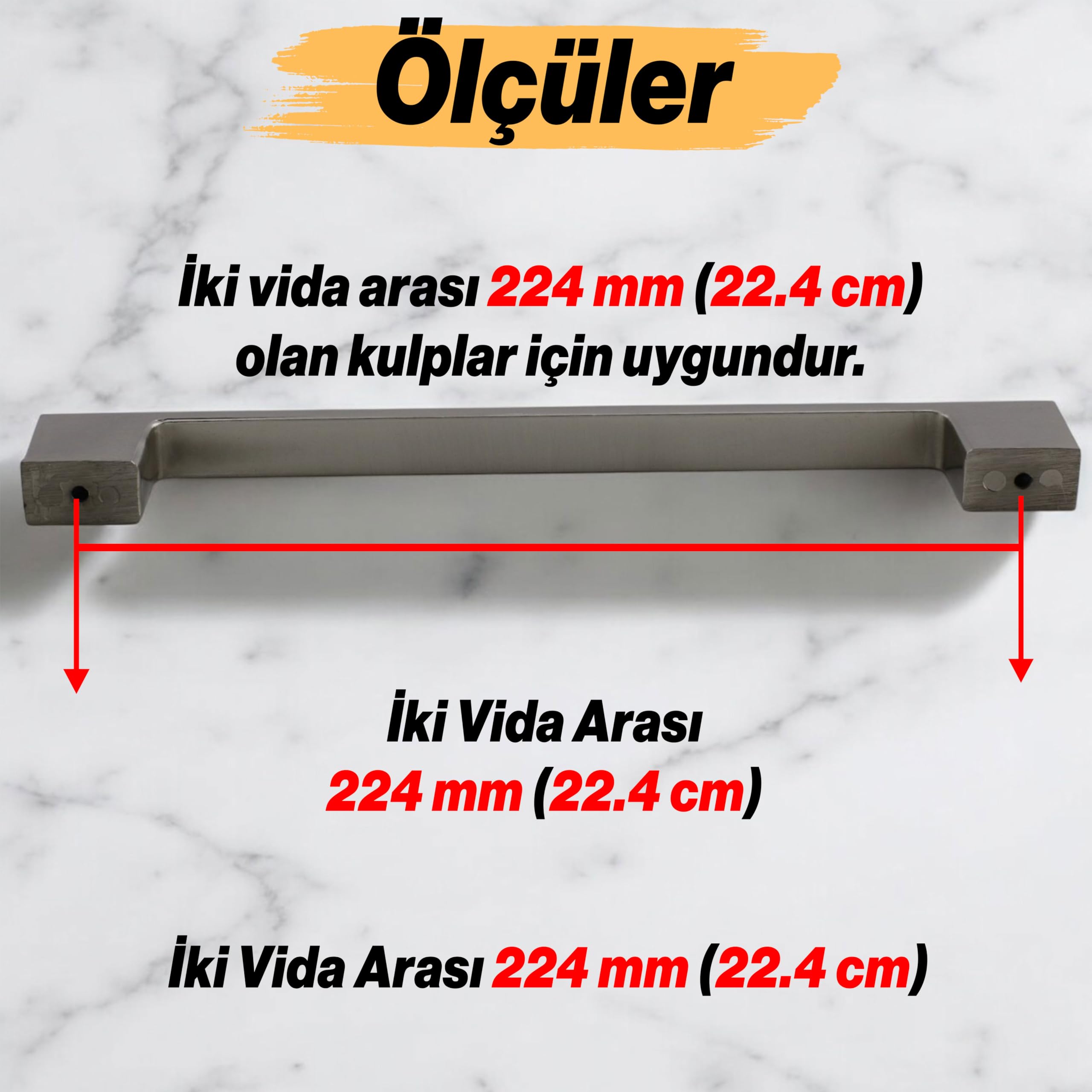 Meram (224 mm - 22.4 cm) İnox Metal Mobilya Mutfak Çekmece Dolap Dolabı Kapak Kulbu Kulpu Kulpları