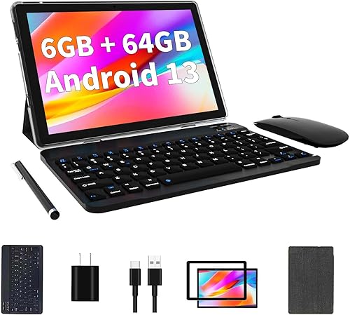Tablet Android 13 con teclado, tabletas de 10 pulgadas actualizadas 2023 con 6 GB de RAM + 64 GB de ROM + procesador de cuatro núcleos expandido de