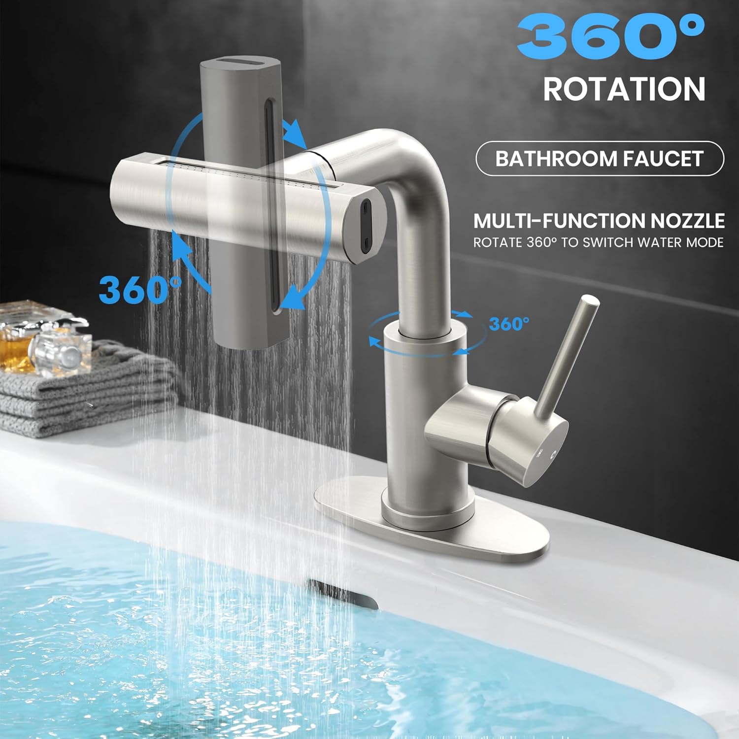 Brushed Nickel Bathroom Faucet with Sprayer - Brushed Nickel Bathroom Faucets for Sink 1 Hole or 3 Holes, 4 Mode Single Handle Vanity Faucet Waterfall Bathroom Faucet with Pull Down Sprayer (No Drain)