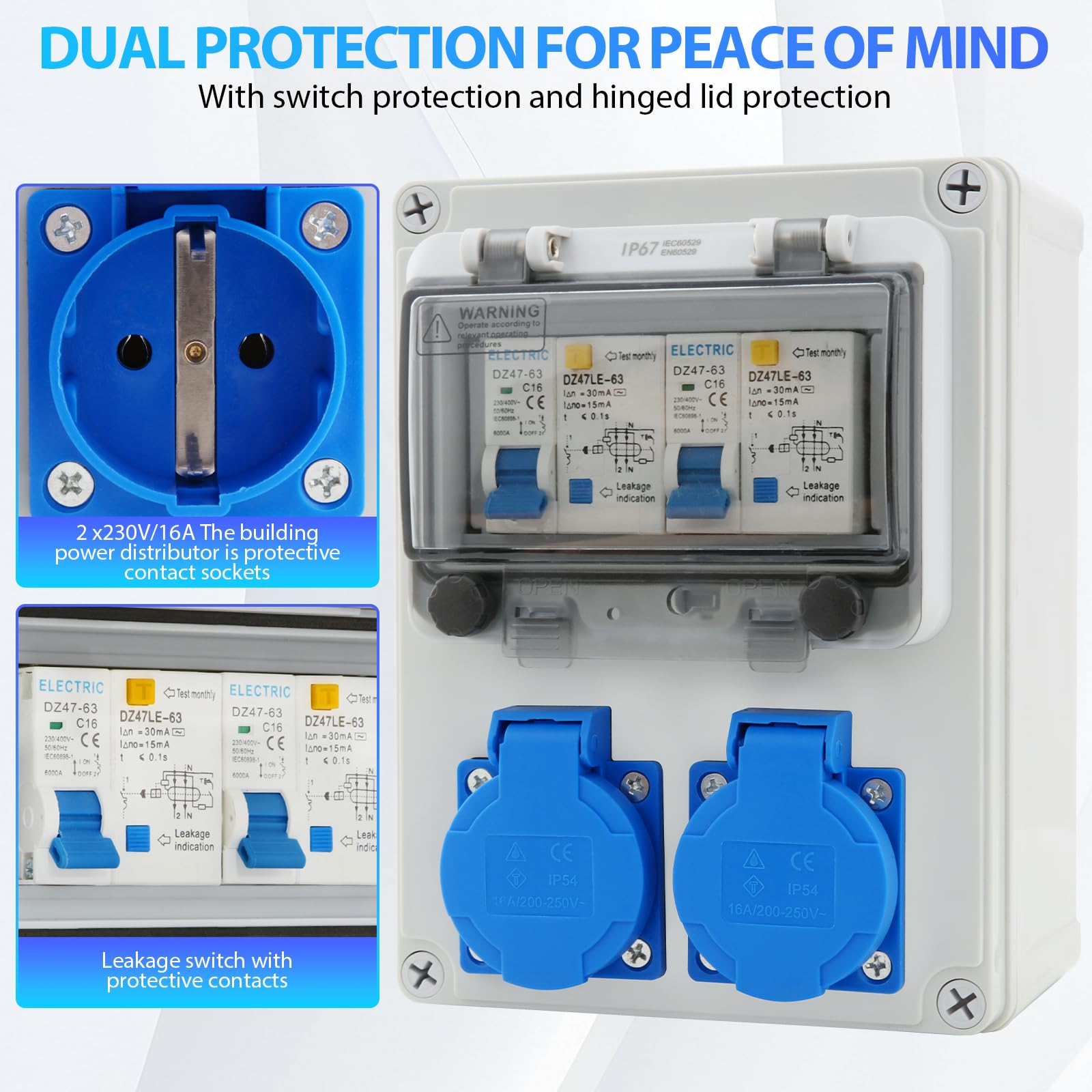 Distribuidor de Corriente 16A para Construcción, con Interruptor FI, IP67 Estanco, con 2 tomas de 230V, para Uso en Interiores y Exteriores, Talleres y Fábricas