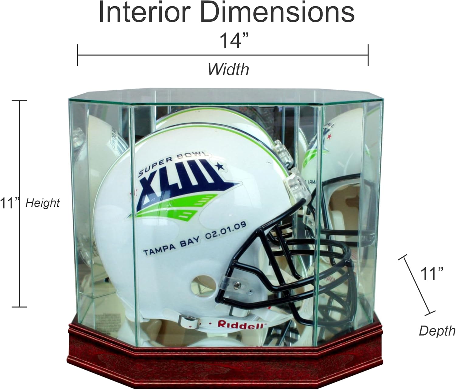 Real Glass Octagon Football Helmet Display Case with 1 1/2" Sport Moulding | Choose Your Moulding and Glass Protection | Full Size Helmet Case