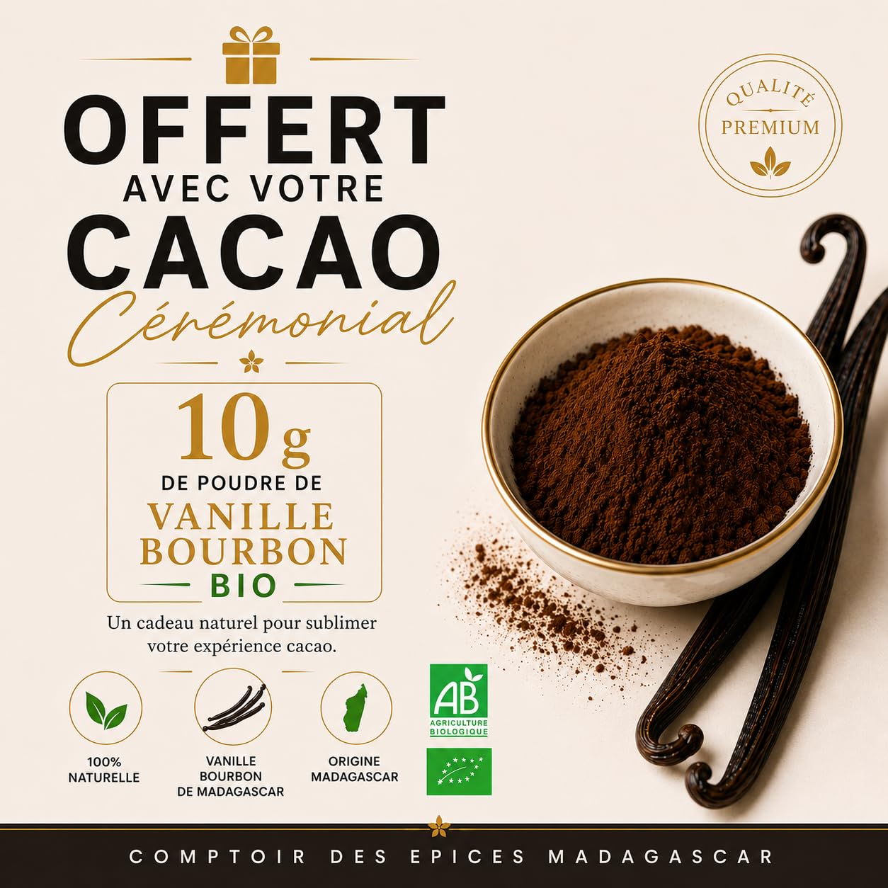 Masse de Cacao Cérémonial 500g – 100% Pur + Poudre Vanille Bourbon BIO 10g Offerte – Direct Producteur – Notre Coopérative – COMPTOIR DES EPICES MADAGASCAR