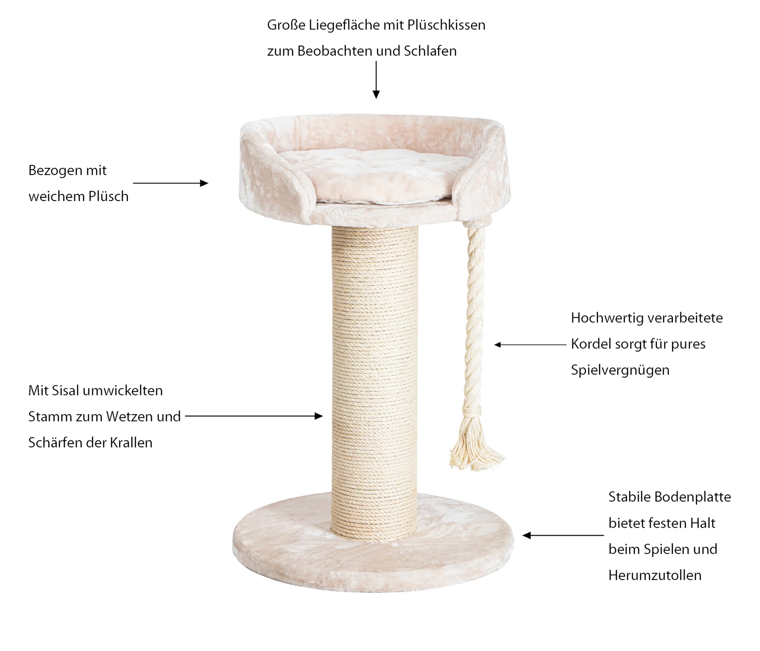 Dehner Katzen-Kratzbaum Aurelio, ca. 65 x 65 x 100 cm, Sisal/Plüsch/Holz, creme