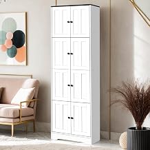 72" Tall Freestanding Bathroom Cabinet with 8 Doors, Wooden Floor Kinchen Pantry Cabinet with Adjustable Shelves, Farmhouse Cupboard for Kitchen & Dining Room White & Style 1