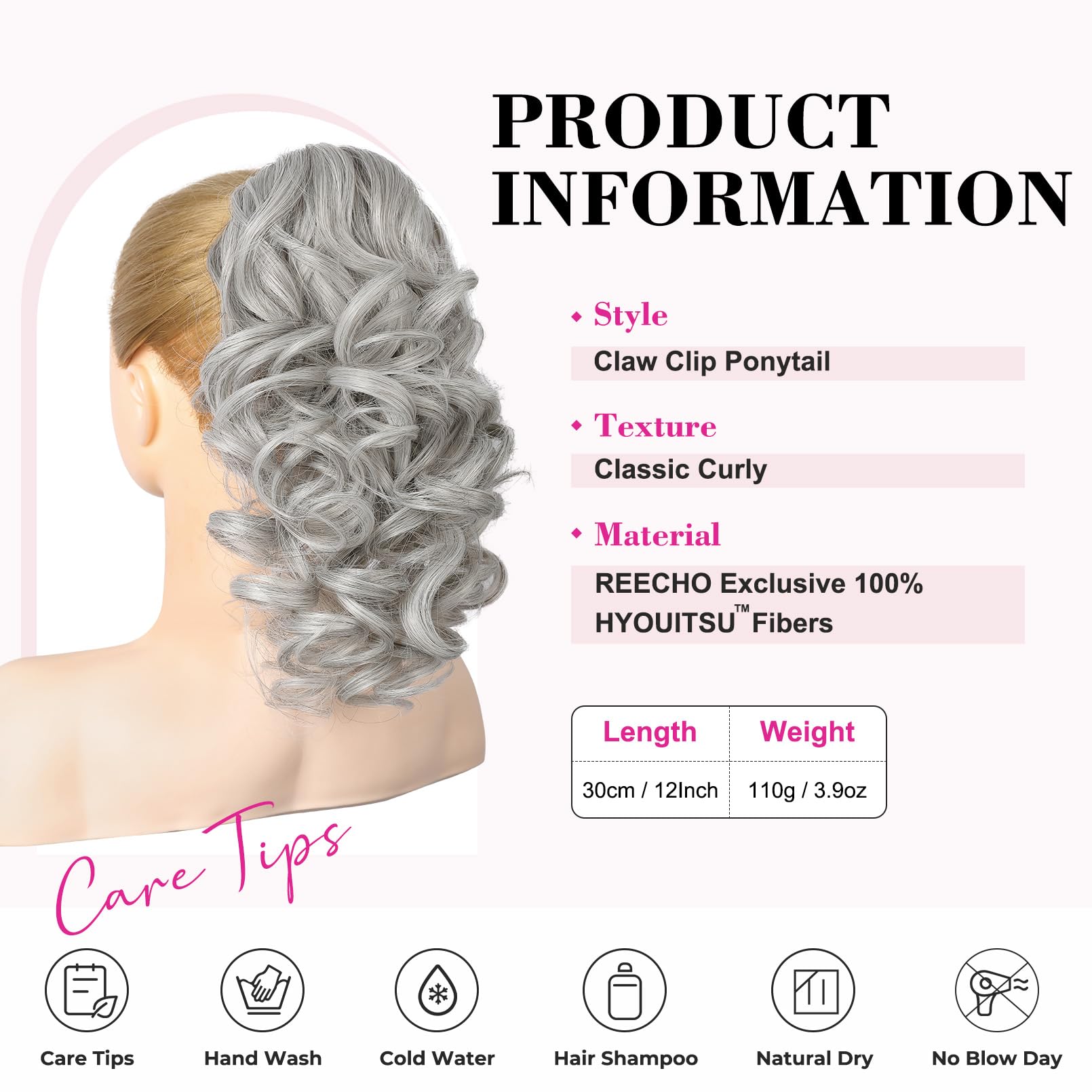 REECHO 12" Ponytail Extension, Classic Loose Curly Wavy Claw Clip Pony tails Hair Extensions Hairpieces for Women - Silver Grey - Image 2