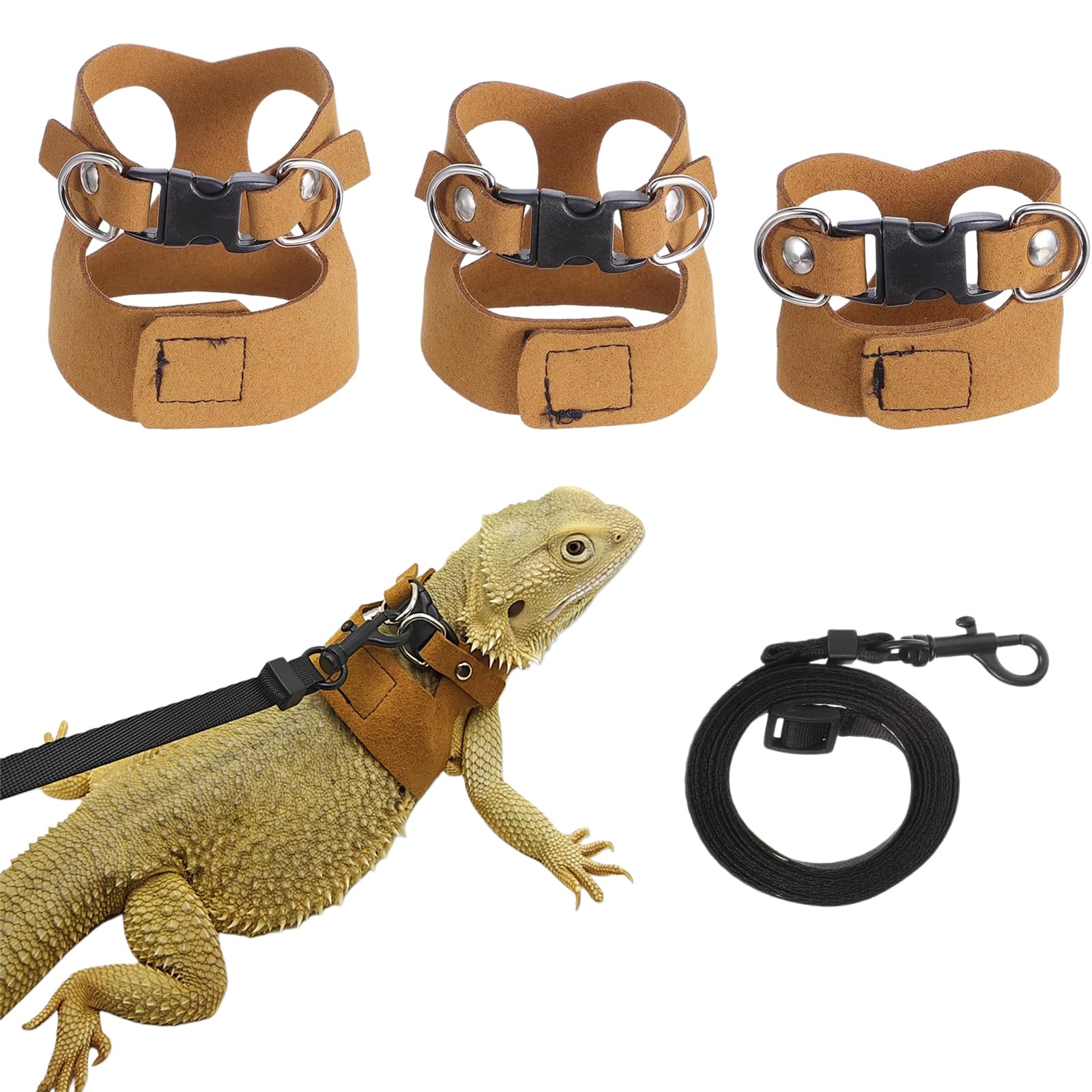 Bearded Dragon Harness and Leash Set,3 Sizes Soft Leather Adjustable Lizard Harness with Retractable Strap, Bearded Dragon Accessories for Lizard Reptiles Amphibians Small Animals (Brown)