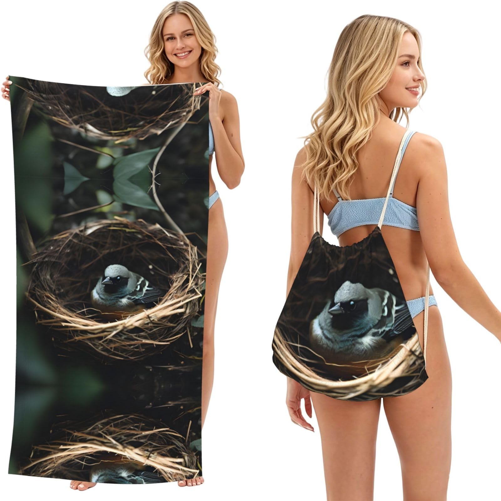 SXZVVBN Little bird nest 2-in-1 Beach Towel Bag, Quick Dry Sand Free Travel Towel Backpack for Adults